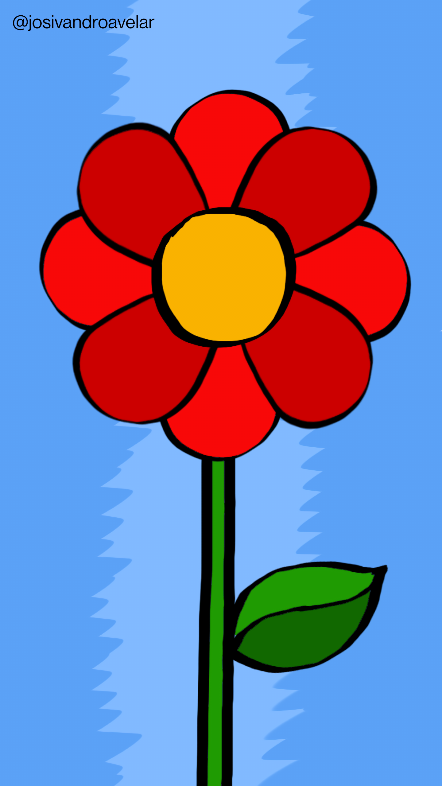 Artes digitais: a flor e o céu 1 Uma flor com pétalas em tons de vermelho, sobre um fundo azul. A flor e o céu.