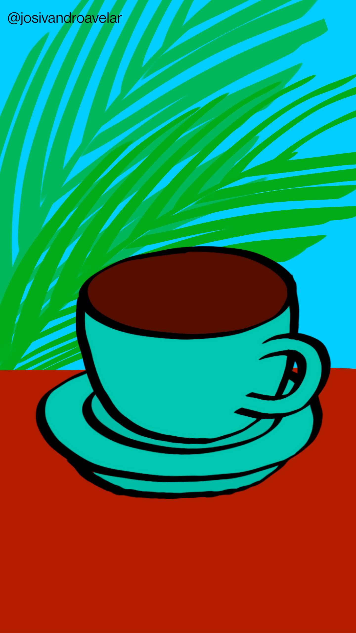 Artes digitais: pausa para o café da tarde 1 Pausa para o café da tarde, servido em uma xícara azul, sobre uma mesa em tom de madeira, com uma planta ao fundo de um céu azul.