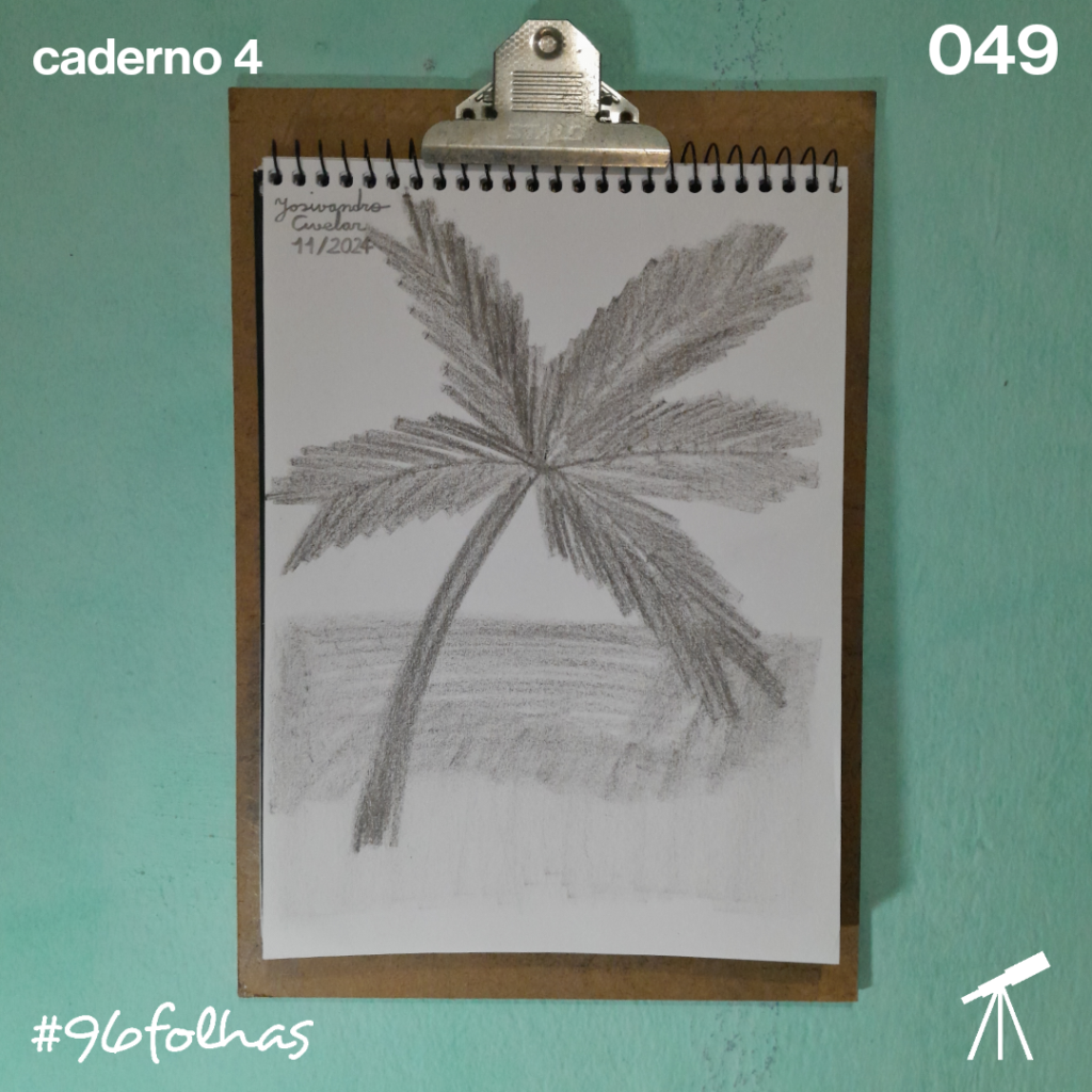 #96folhas caderno 4 - 049: Tropical monocromático 1 Coqueiro em uma praia, paisagem desenhada com giz de cera de cor preta, representando o tropical monocromático.