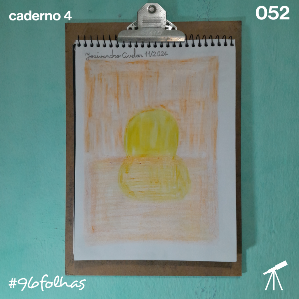 #96folhas caderno 4 - 052: O amanhecer 1 O amanhecer representado por um Sol que nasce com o reflexo do mar, em amarelo e laranja.