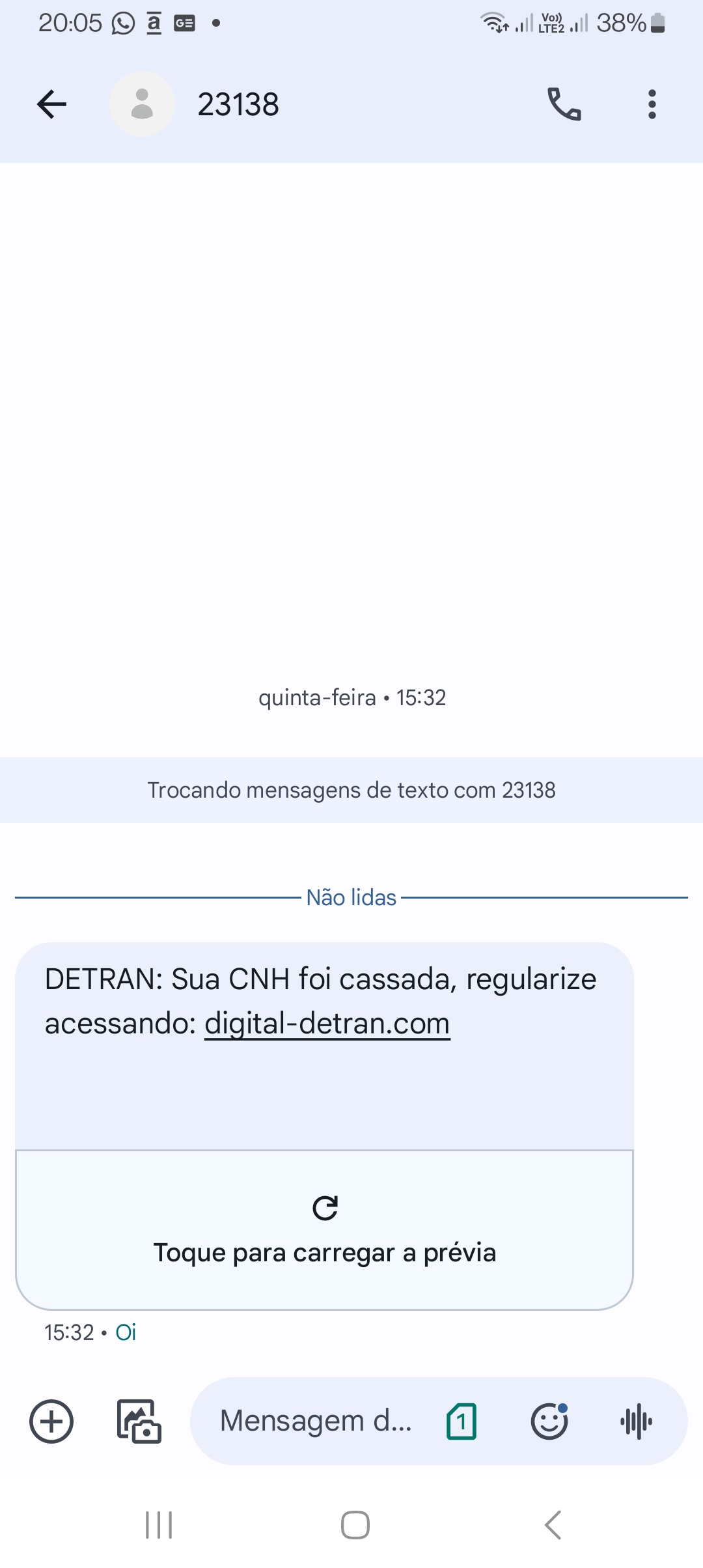 Sua CNH foi cassada. Mas que CNH? É mais um golpe manjado! 1 Print de um SMS informando que a minha CNH foi cassada. É golpe.