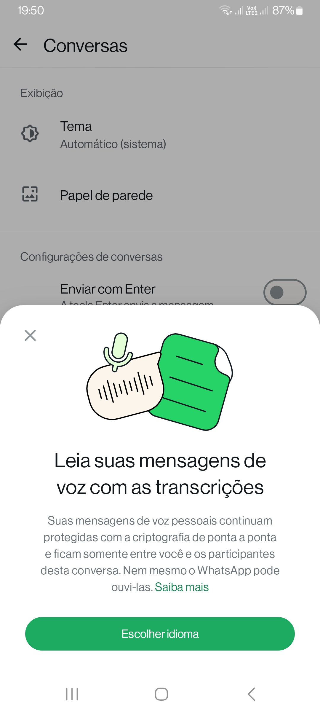 Transcrição automática de áudio no WhatsApp 3 Pop up, WhatsApp
