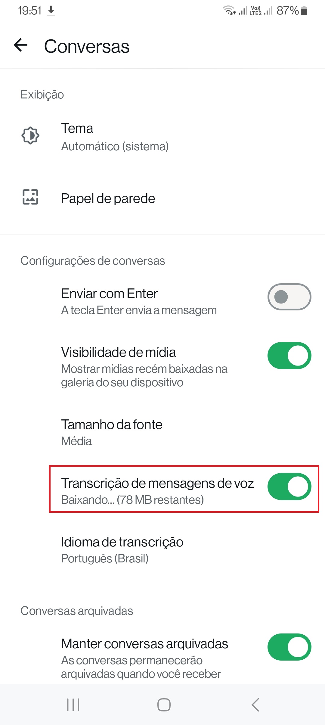 Transcrição automática de áudio no WhatsApp 5 Baixando pacote, transcrição de mensagens, whatsapp