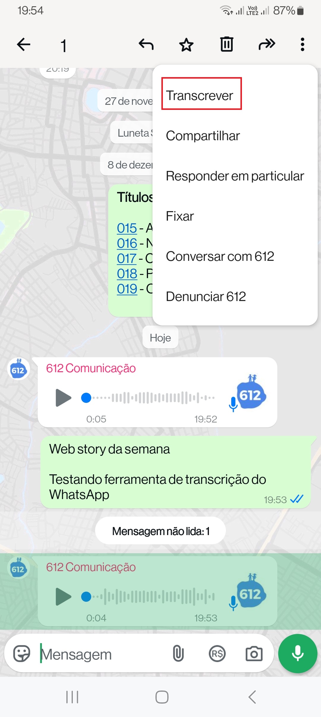 Transcrição automática de áudio no WhatsApp 6 Transcrever, áudio, whatsapp