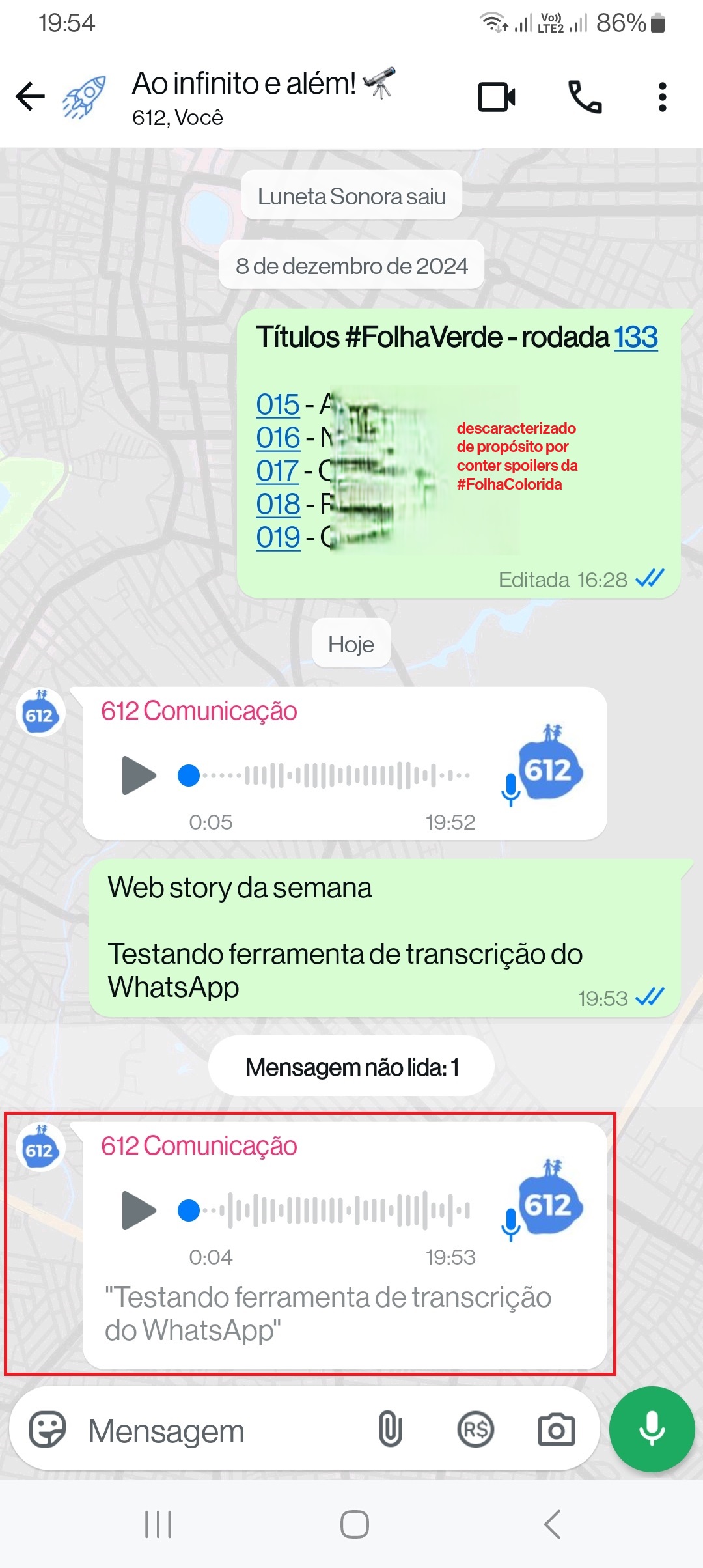 Transcrição automática de áudio no WhatsApp 7 Áudio transcrito no WhatsApp