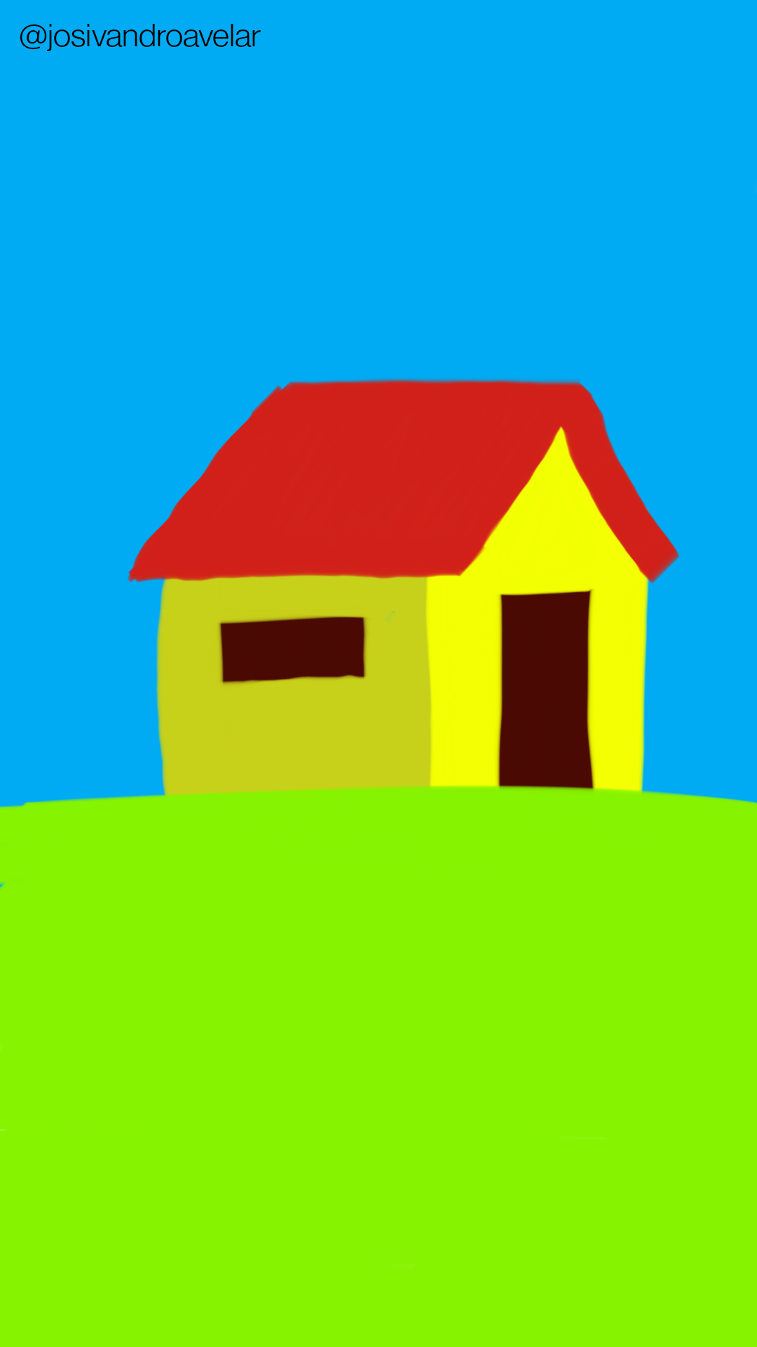 Artes digitais: um lar simples 1 Um lar simples, amarelo, com janelas marrons, telhado vermelho, em cima de um morro verde, sob o céu azul.