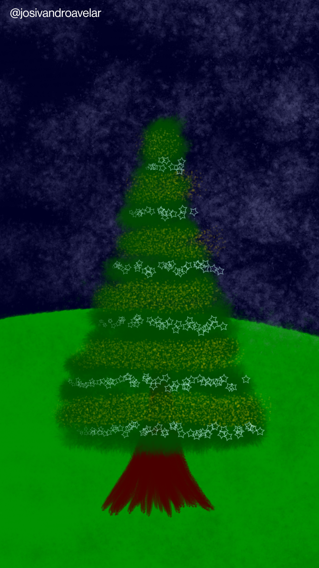 Artes digitais: brilho de uma noite de Natal 1 Desenho de uma árvore de Natal com efeitos em amarelo e estrelas brancas, ao fundo de um gramado com uma montanha em tons de verde, sob o céu noturno, representando o brilho de uma noite de Natal.