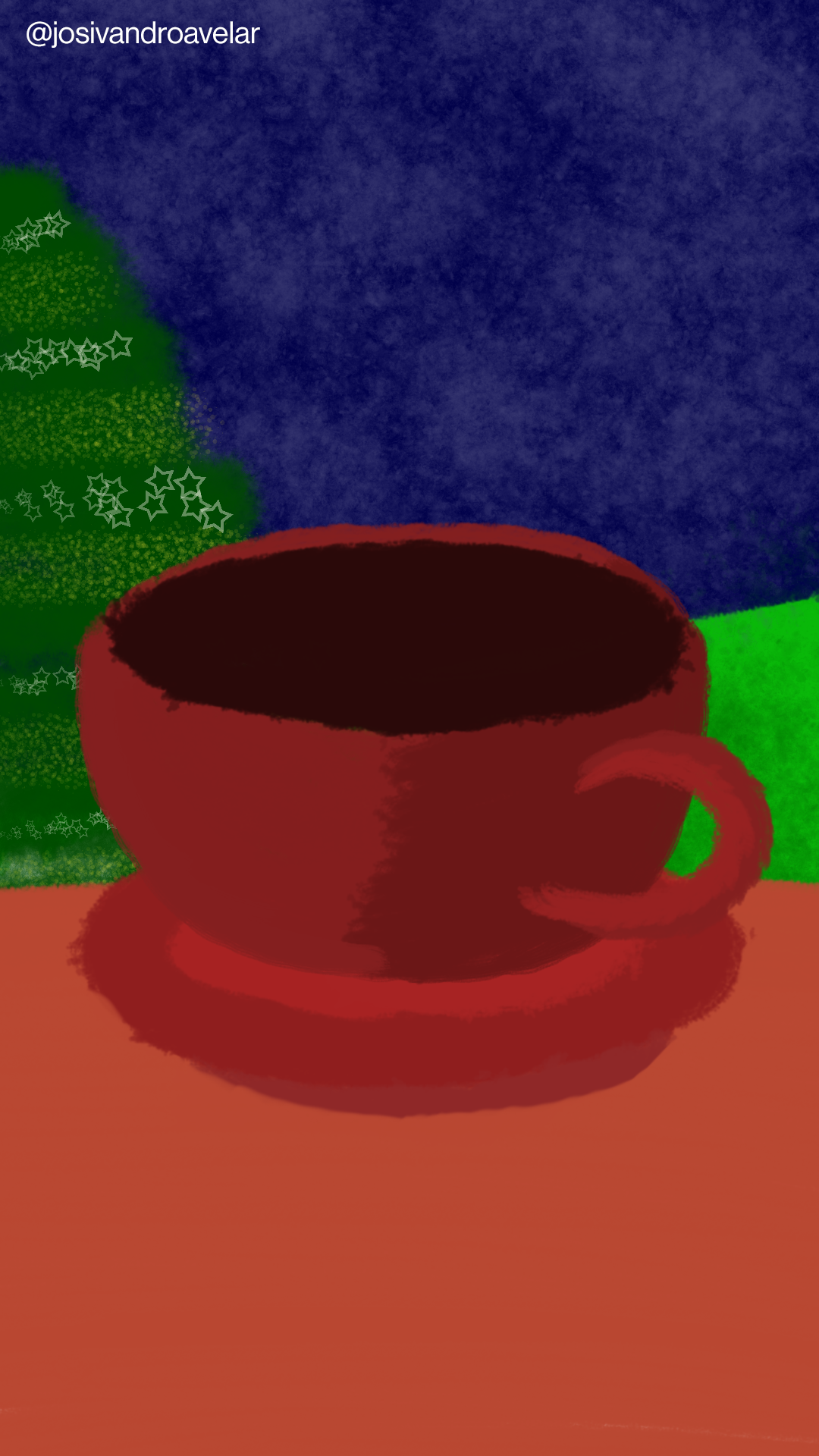 Artes digitais: café natalino 1 Café natalino, servido em uma xícara em tons de vermelho escuro, sobre uma mesa, tendo atrás uma árvore de Natal decorada, e uma montanha sobre um céu noturno.