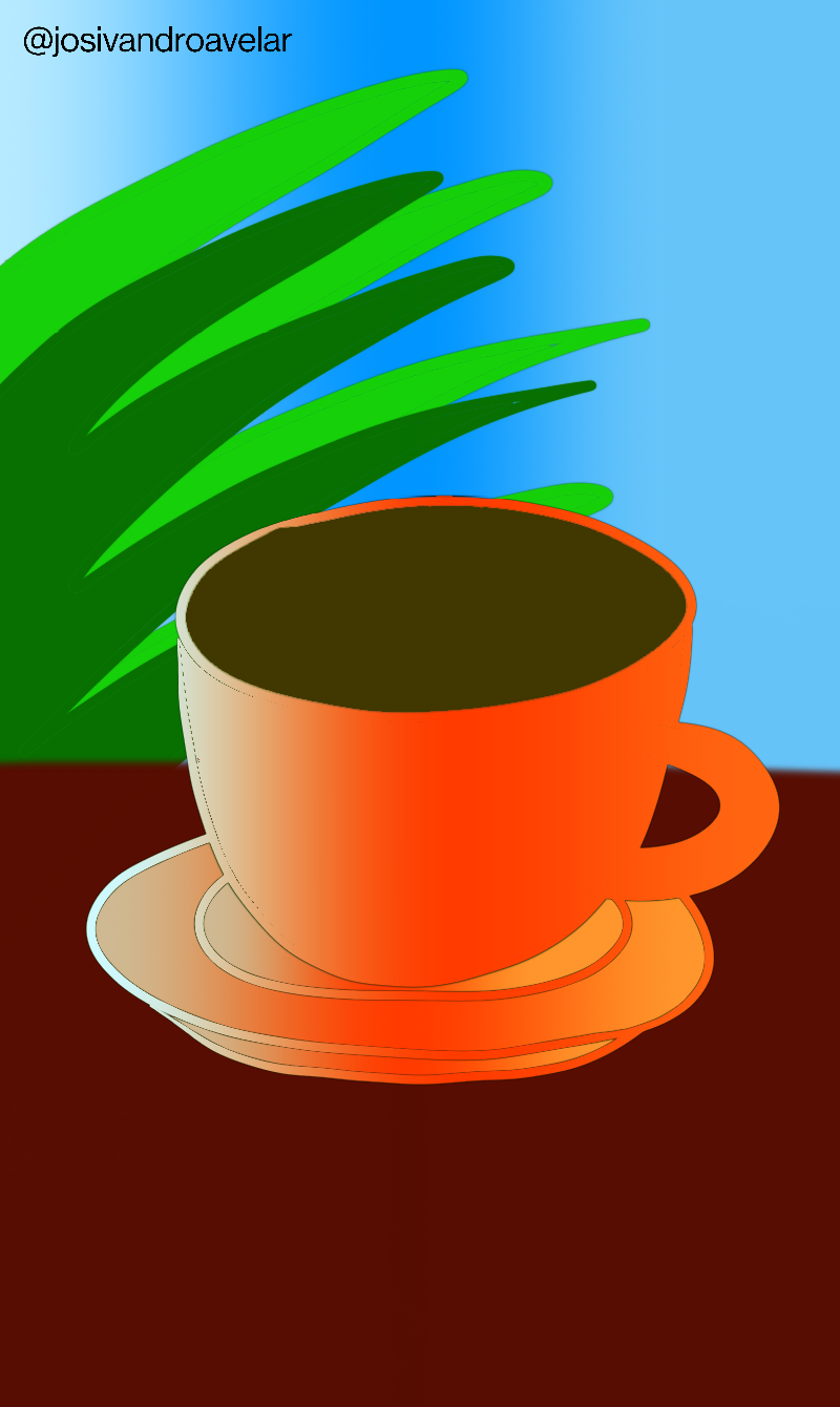 Artes digitais: café moderno 1 Café moderno em uma xícara em tons de vermelho e branco em degradê, sobre uma mesa marrom, tendo ao fundo plantas e um céu azul.