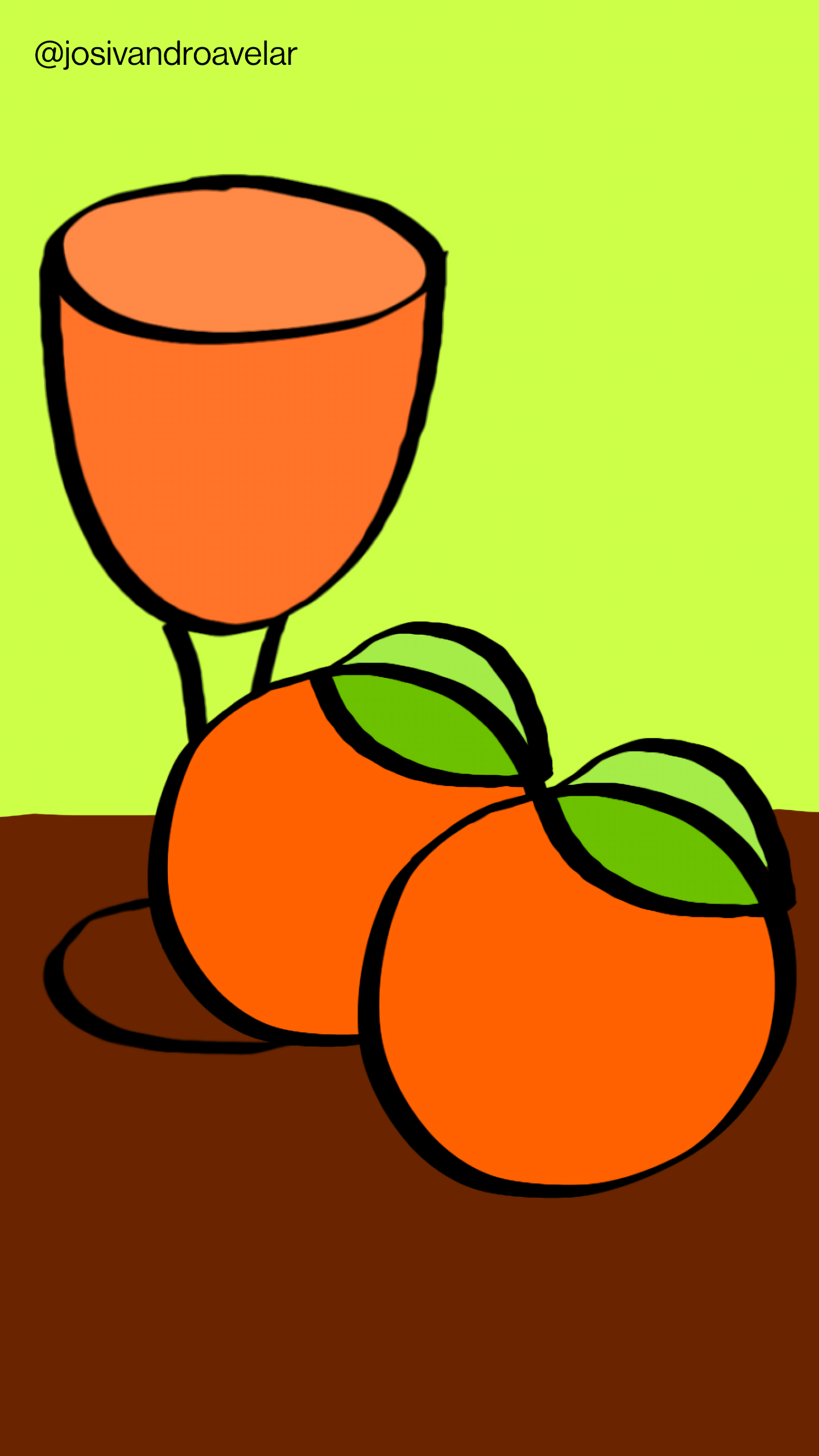 Artes digitais: vai um suco de laranja? 1 Taça de suco de laranja com duas laranjas no primeiro plano, sobre uma mesa em tom de madeira, sobre um fundo em tom de verde fluorescente.