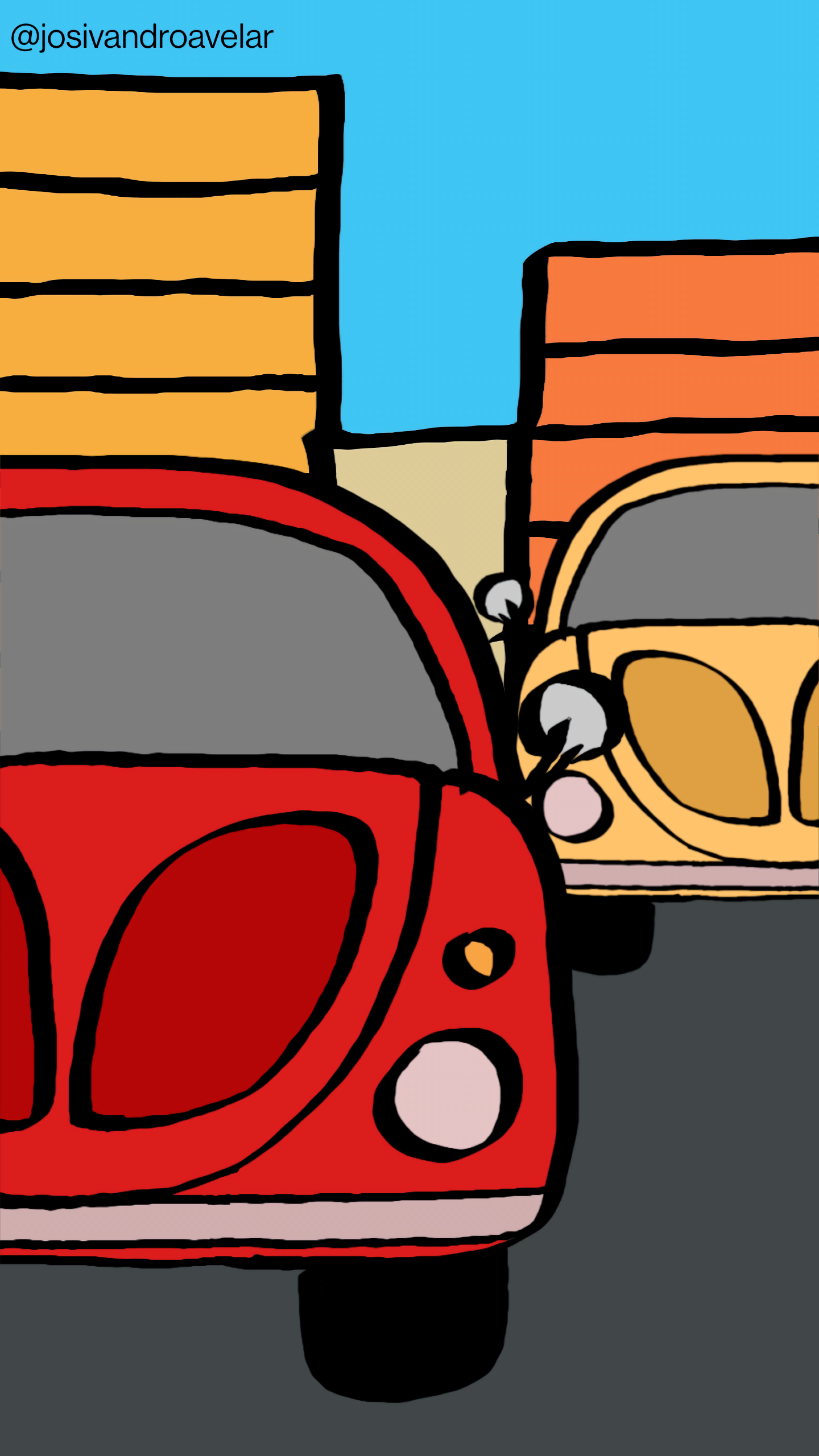 Artes digitais: fuscas na cidade 1 Fuscas na cidade. O carro do primeiro plano é vermelho, o do segundo plano bege. Ao fundo, prédios e céu azul.