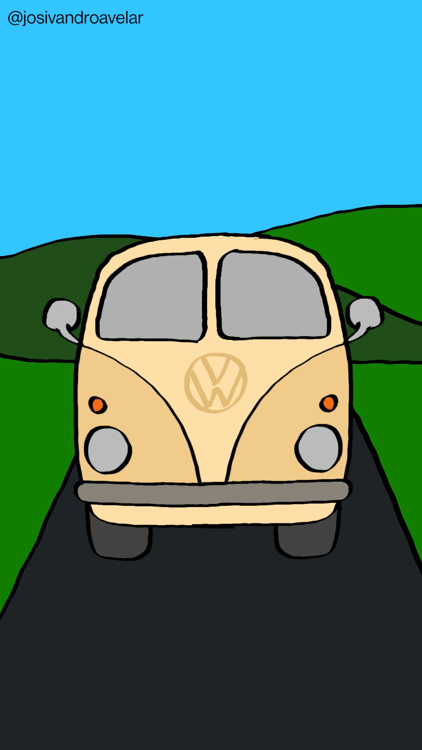 Artes digitais: Kombi 1 Desenho de uma Kombi bege na estrada, tendo montanhas ao fundo e um céu azul.
