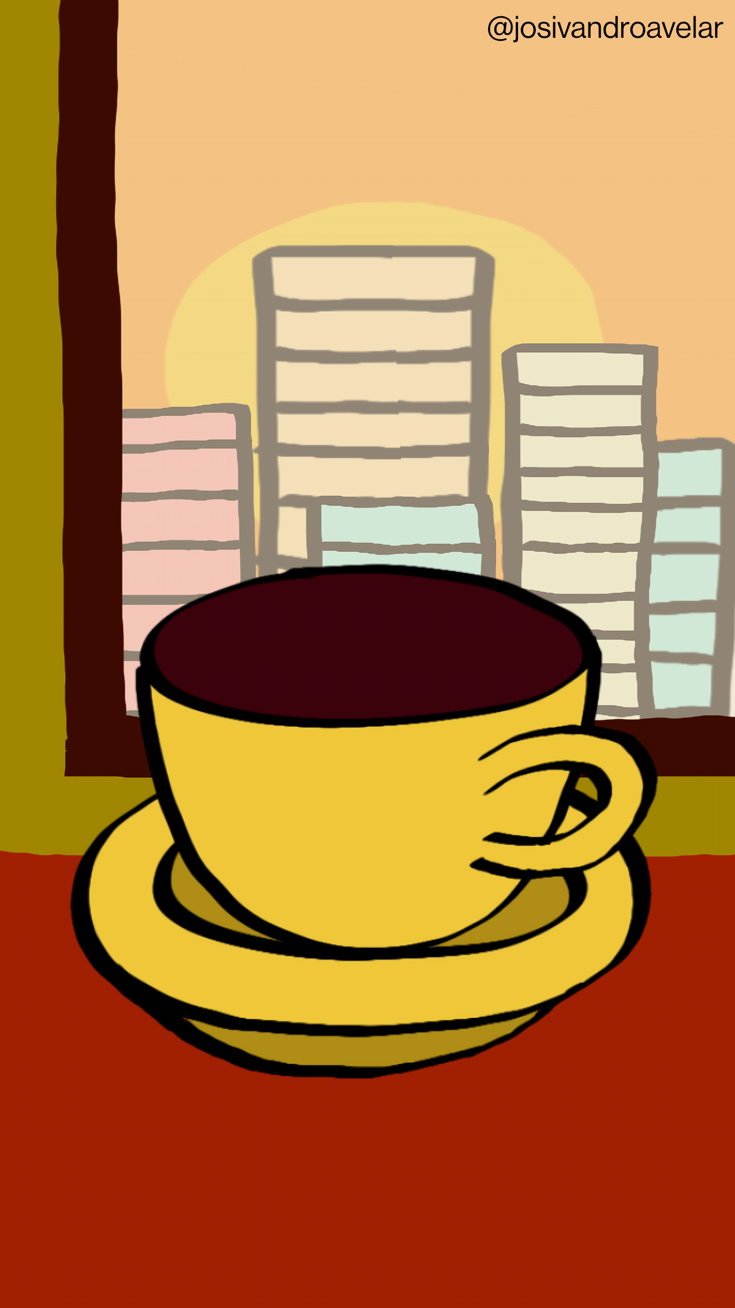 Artes digitais: café na cidade 1 Café na cidade, servido em uma xícara em tons de amarelo, sobre uma mesa em tons de azul, tendo ao fundo uma parede com uma janela onde se veem prédios e um céu alaranjado.