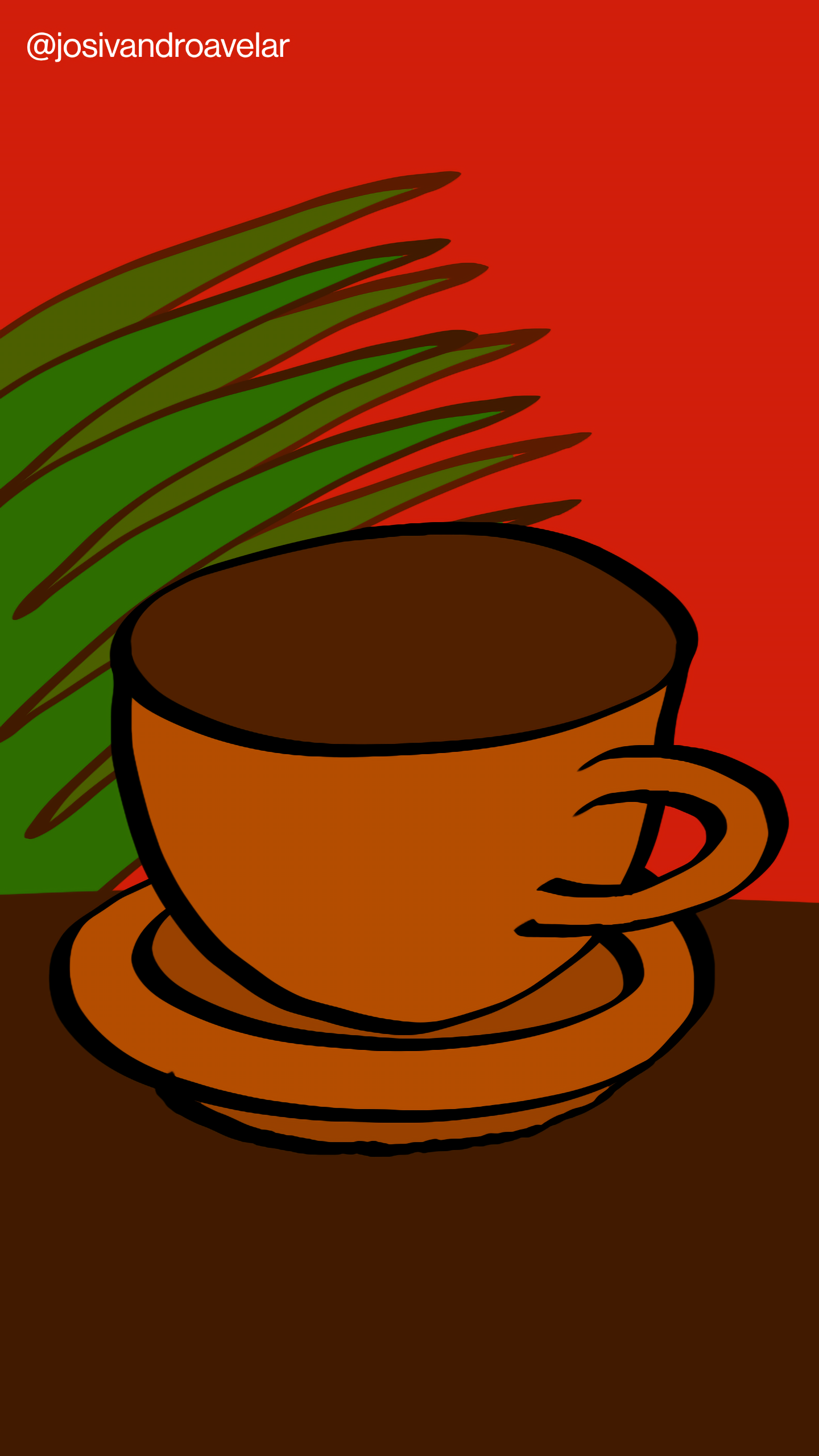 Artes digitais: café para uma segunda-feira tranquila 1 Café para uma segunda-feira tranquila, servido em uma xícara em tons de terra, sobre uma mesa em tom de marrom escuro, com uma planta ornamental em um fundo vermelho.