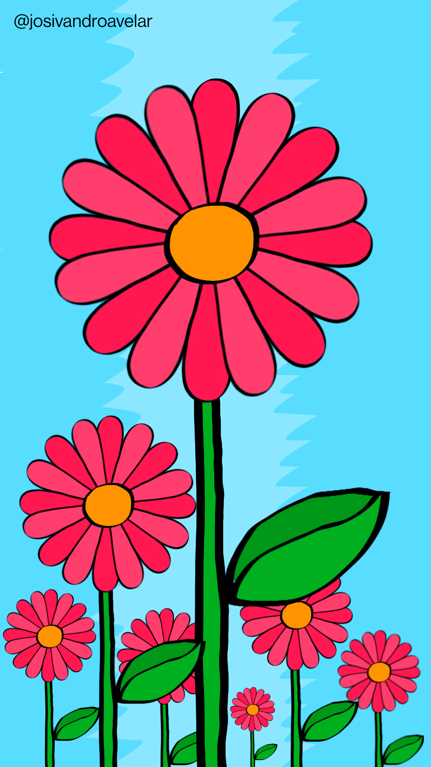 Artes digitais: para dias mais coloridos 1 Um desenho que traz flores com pétalas em tons de vermelho rosado, em um fundo em tons de azul celeste, para dias mais coloridos.