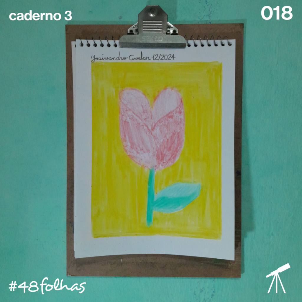 #48folhas caderno 3 - 018: Tulipa tropical 1 Tulipa tropical com pétalas em tons de vermelho sobre fundo amarelo.