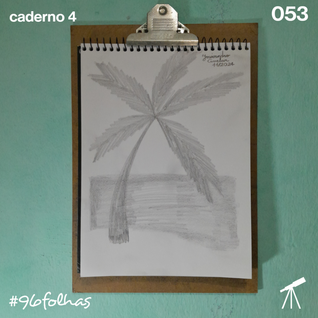 #96folhas caderno 4 - 053: Praia em preto e branco 1 Praia em preto e branco, com um coqueiro na frente.