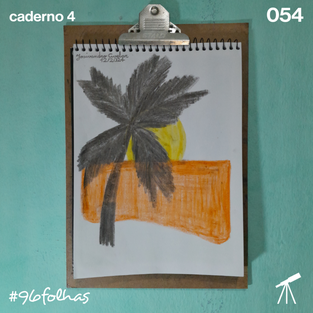 #96folhas caderno 4 - 054: A cara do verão 1 Um desenho que é a cara do verão, com a sombra de um coqueiro e o mar em tom de laranja iluminado pelo Sol em tom de amarelo.