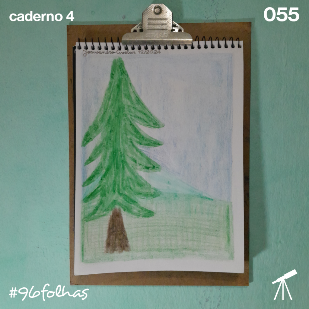 #96folhas caderno 4 - 055: Clima de Natal 1 Pinheiro nas montanhas e céu noturno azulado, representando o clima de Natal.