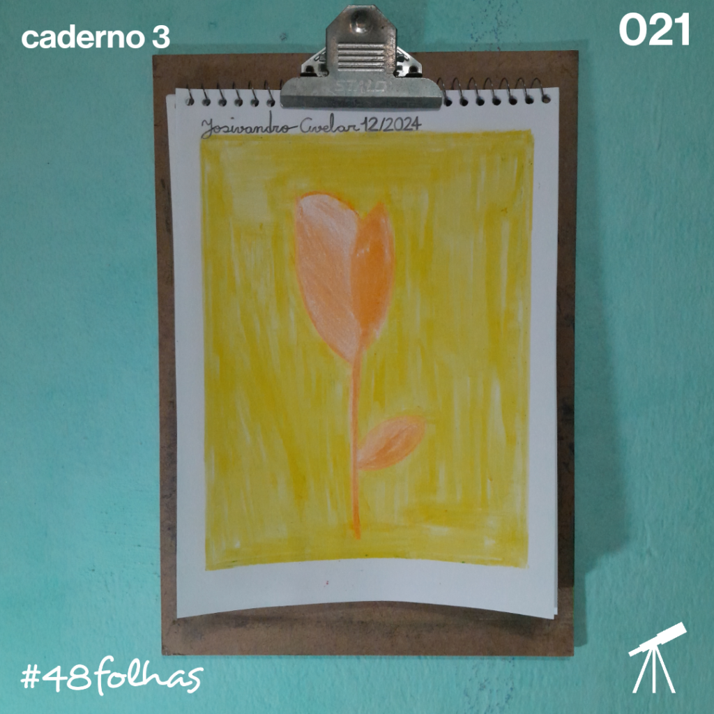 #48folhas caderno 3 - 021: Tulipa de Ano Novo 1 Tulipa de Ano Novo, pintada de laranja sobre fundo amarelo.