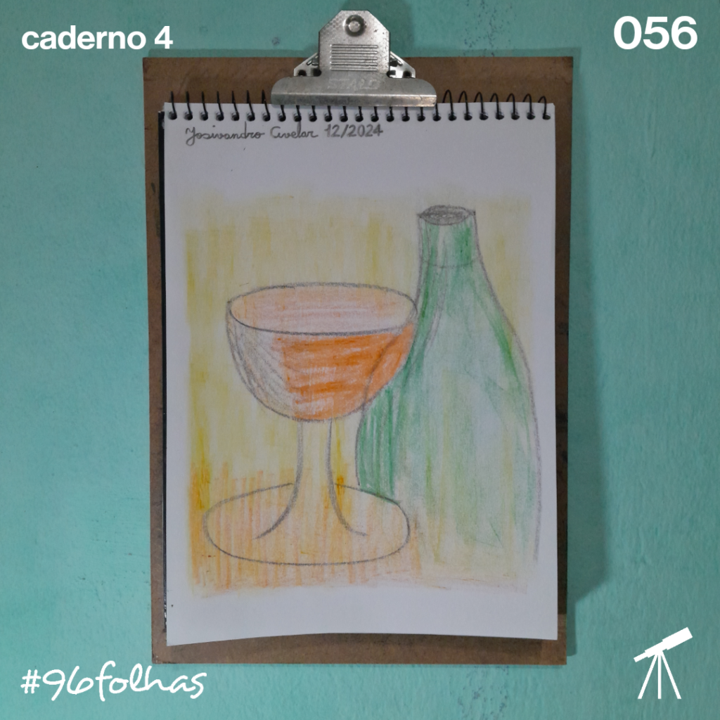 #96folhas caderno 4 - 056: Um brinde para o Ano Novo 1 Um brinde para o Ano Novo, com uma garrafa de espumante verde e uma taça sobre um fundo em tons de amarelo.
