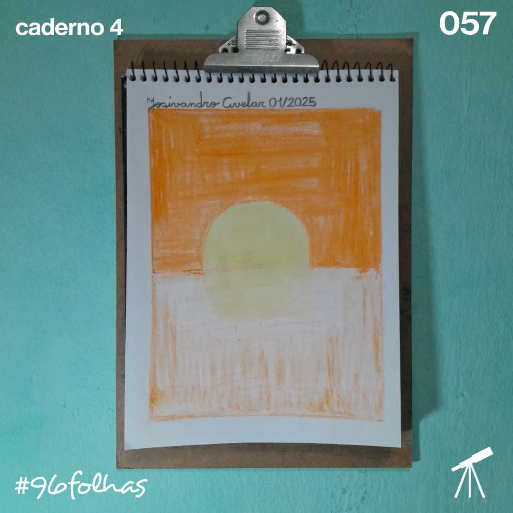 #96folhas caderno 4 - 057: Amanhecer de um novo tempo 1 O nascer do Sol com céu e mar em tons alaranjados, representando o amanhecer de um novo tempo.