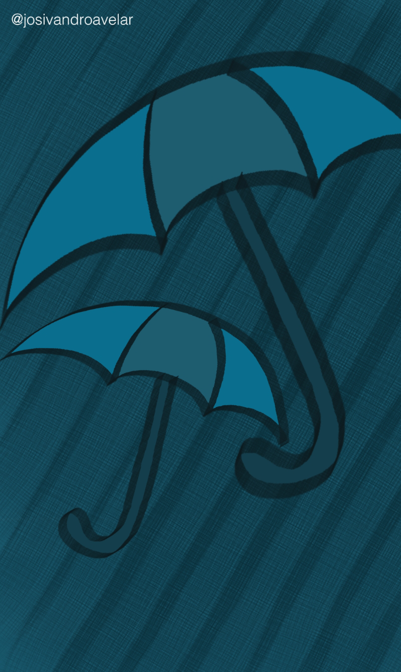 Artes digitais: quando a chuva cai 1 Desenho de dois guarda-chuvas em tons de azul acinzentado abertos quando a chuva cai.