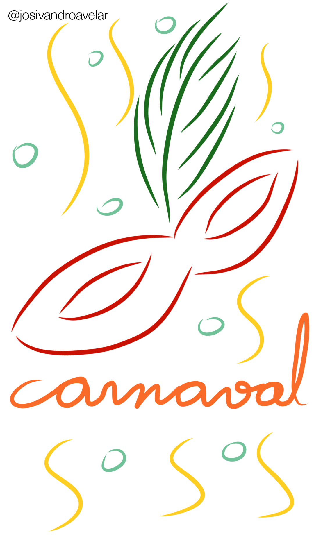 Confetes verdes, serpentinas amarelas, máscara cor de vinho decorada com pena verde-escura. É Carnaval!