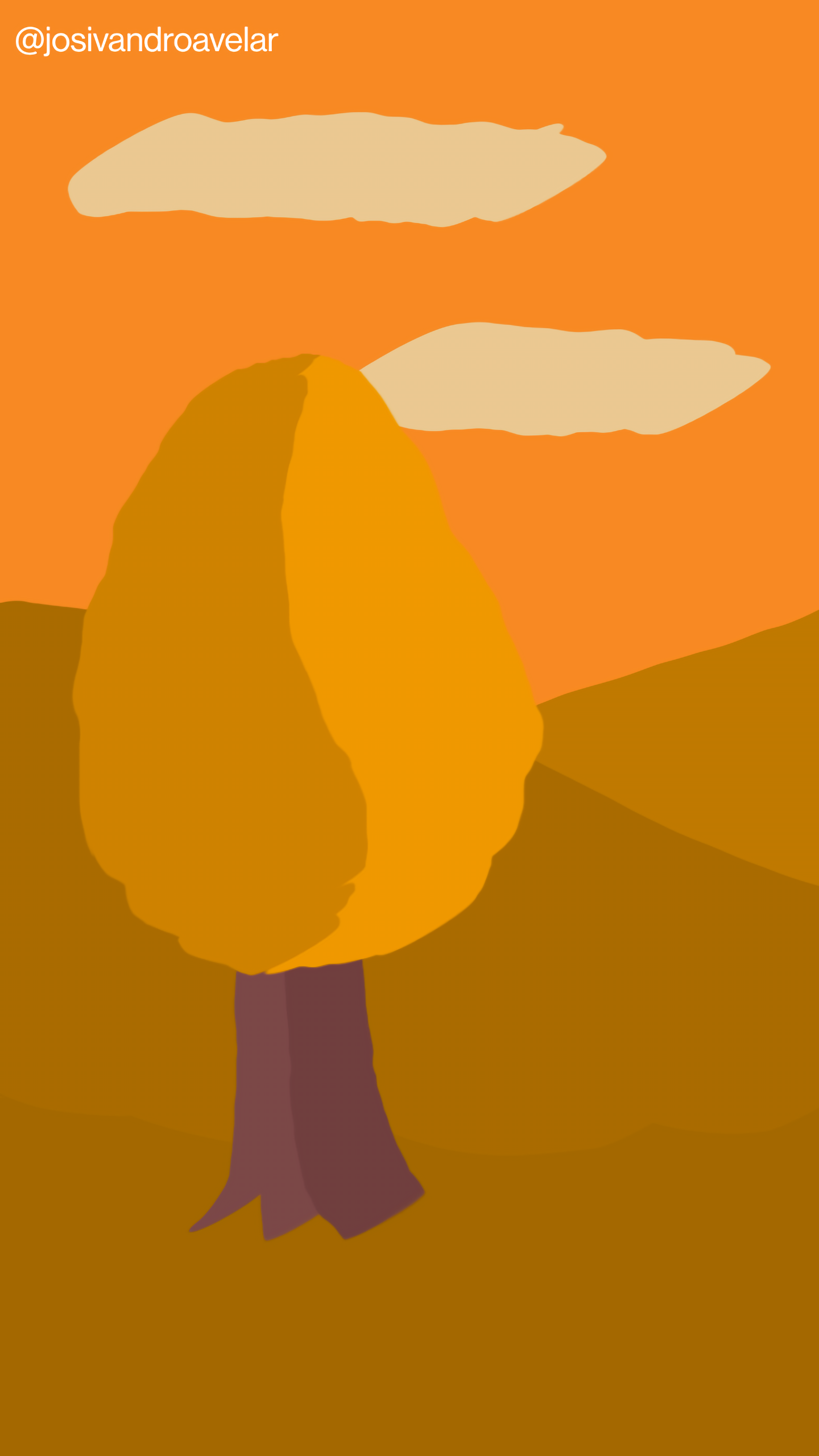 Artes digitais: luzes do amanhecer 1 Árvore, montanhas e nuvens em tons de alaranjado e marrom, representando as luzes do amanhecer.