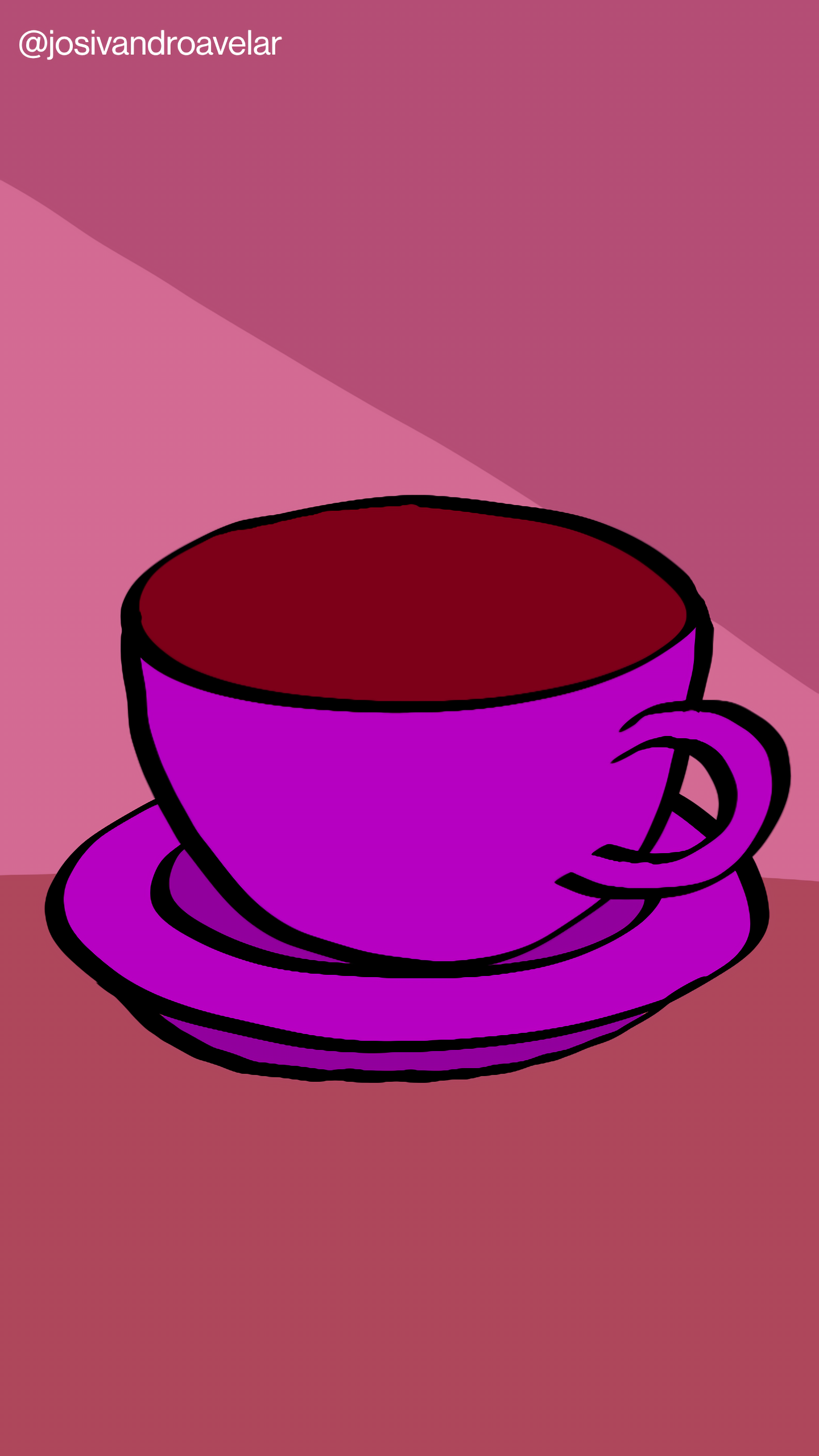 Artes digitais: café para começar bem o ano 1 Café para começar bem o ano, servido em uma xícara roxa, sobre uma mesa em tom de madeira escura, em uma parede em tons de vinho.
