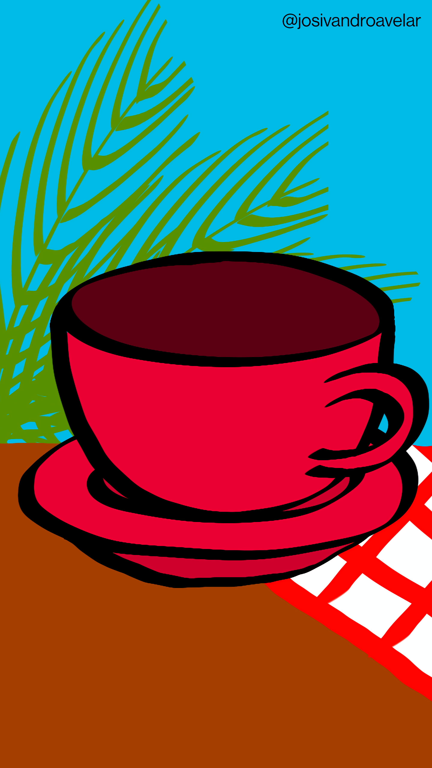 Artes digitais: café no terraço 1 Café no terraço, servido em uma xícara em tons de vermelho, sobre uma mesa em tom de madeira com uma toalha listrada em vermelho e branco, ao fundo de um céu azul com uma palmeira ornamental.
