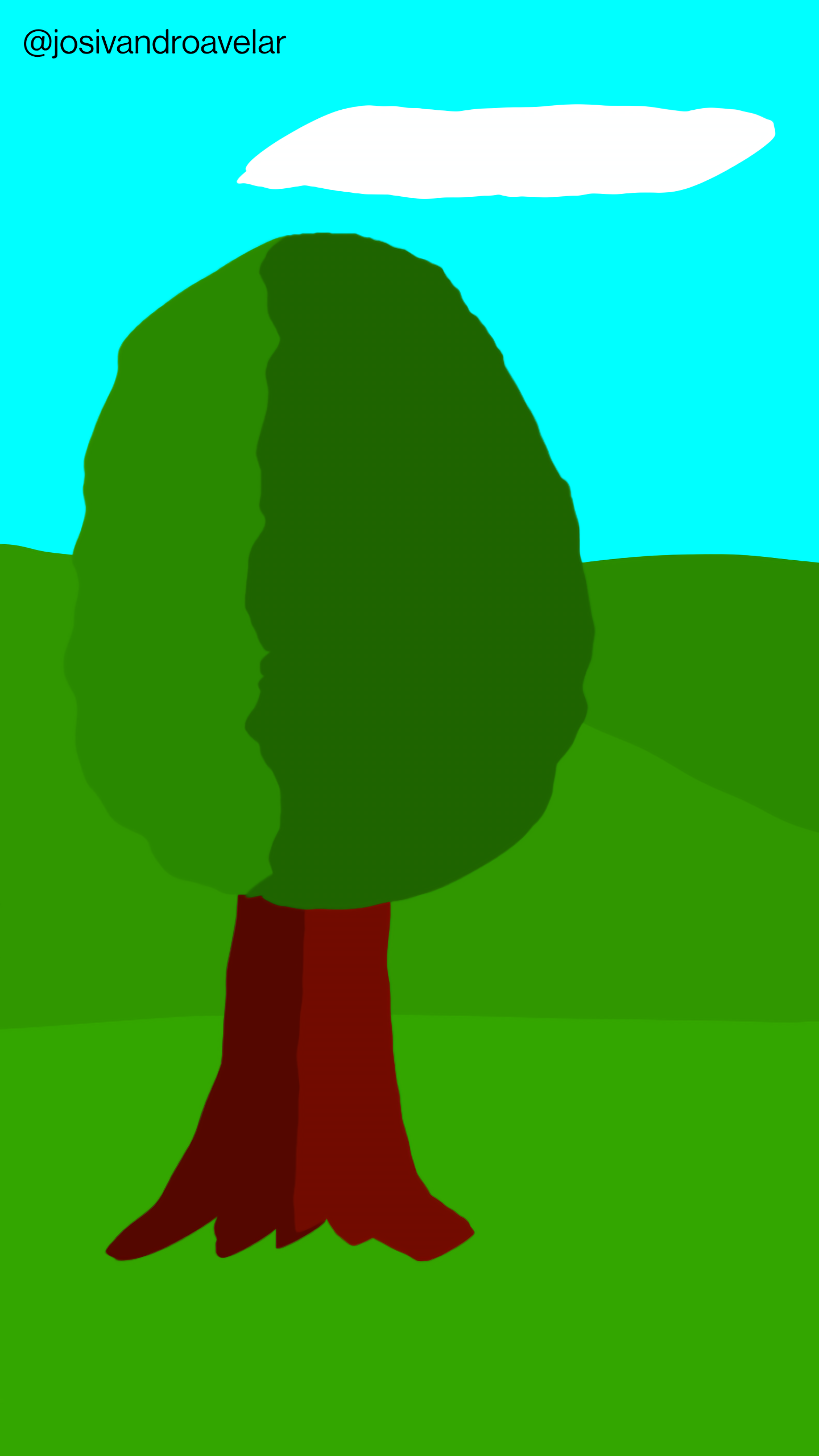 Artes digitais: diante da árvore 1 Diante da árvore em tons de verde, com um tronco marrom, se vê uma paisagem com montanhas em tons de verde, e um céu azul com uma nuvem.