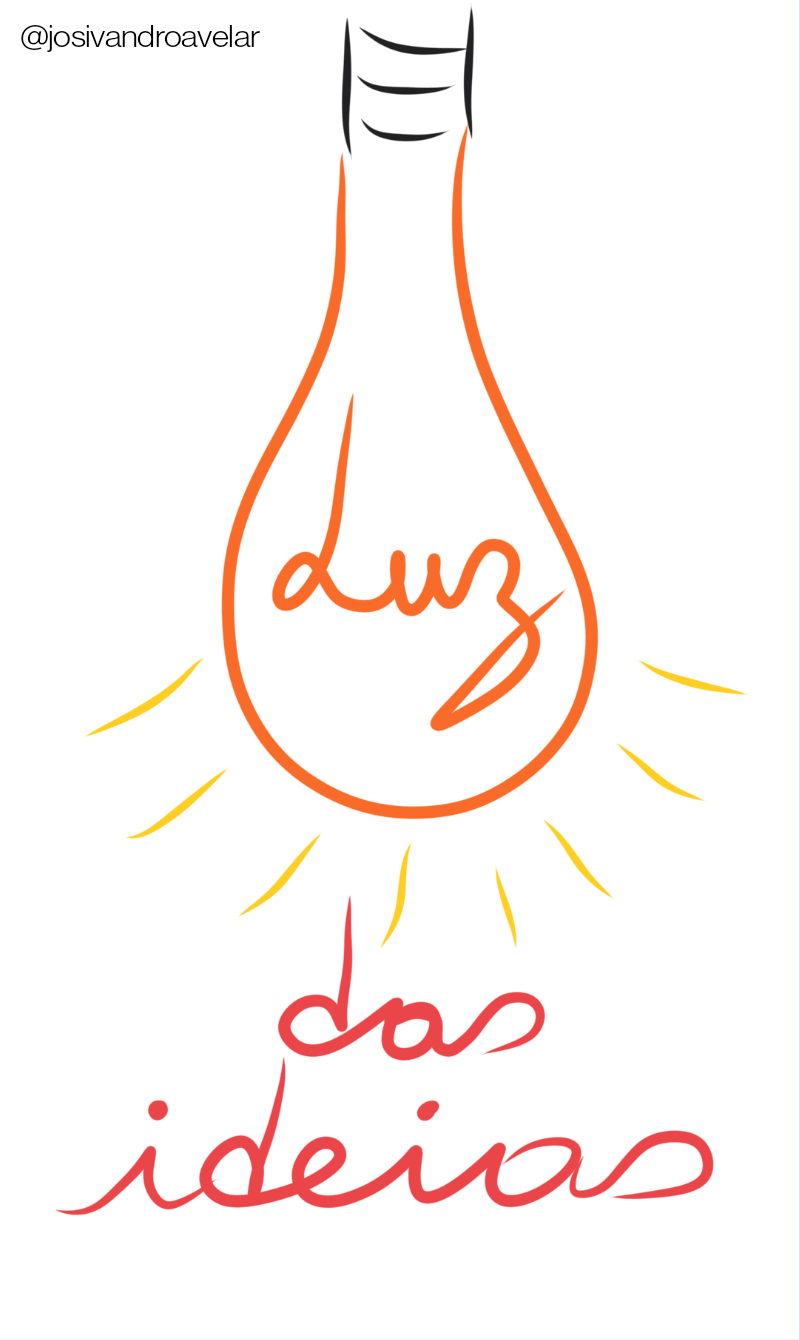 Artes que falam: luz das ideias 1 Luz das ideias, com a palavra "luz" em tom de laranja dentro de um contorno em forma de lâmpada também em tom de laranja com raios em tons de amarelo, e abaixo, o complemento da frase, "das ideias", em tom de laranja.