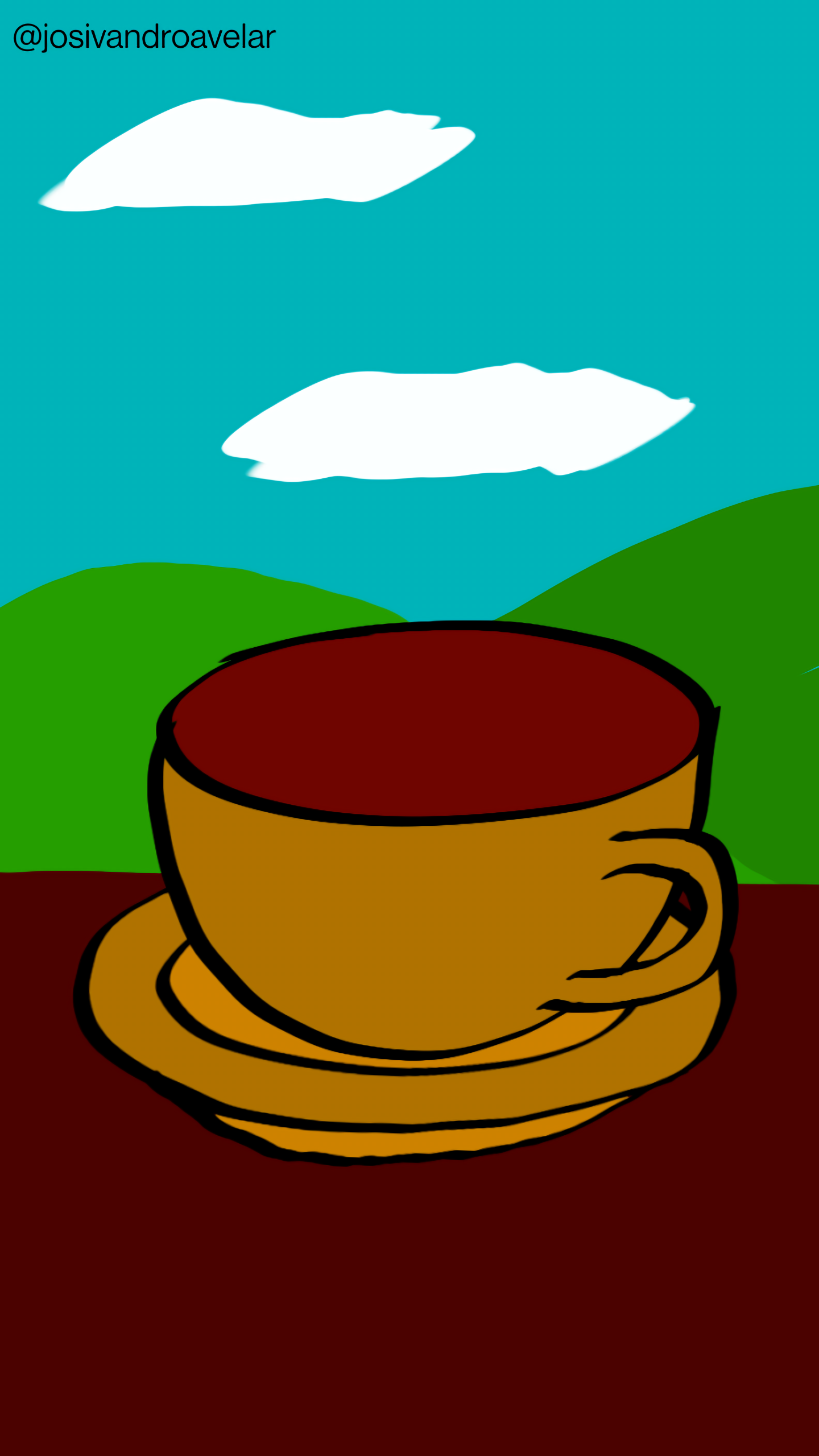 Café ao ar livre servido em uma xícara em tom amarelado escuro, sobre uma mesa em tom de madeira, ao fundo de uma serra em um céu azul com nuvens.