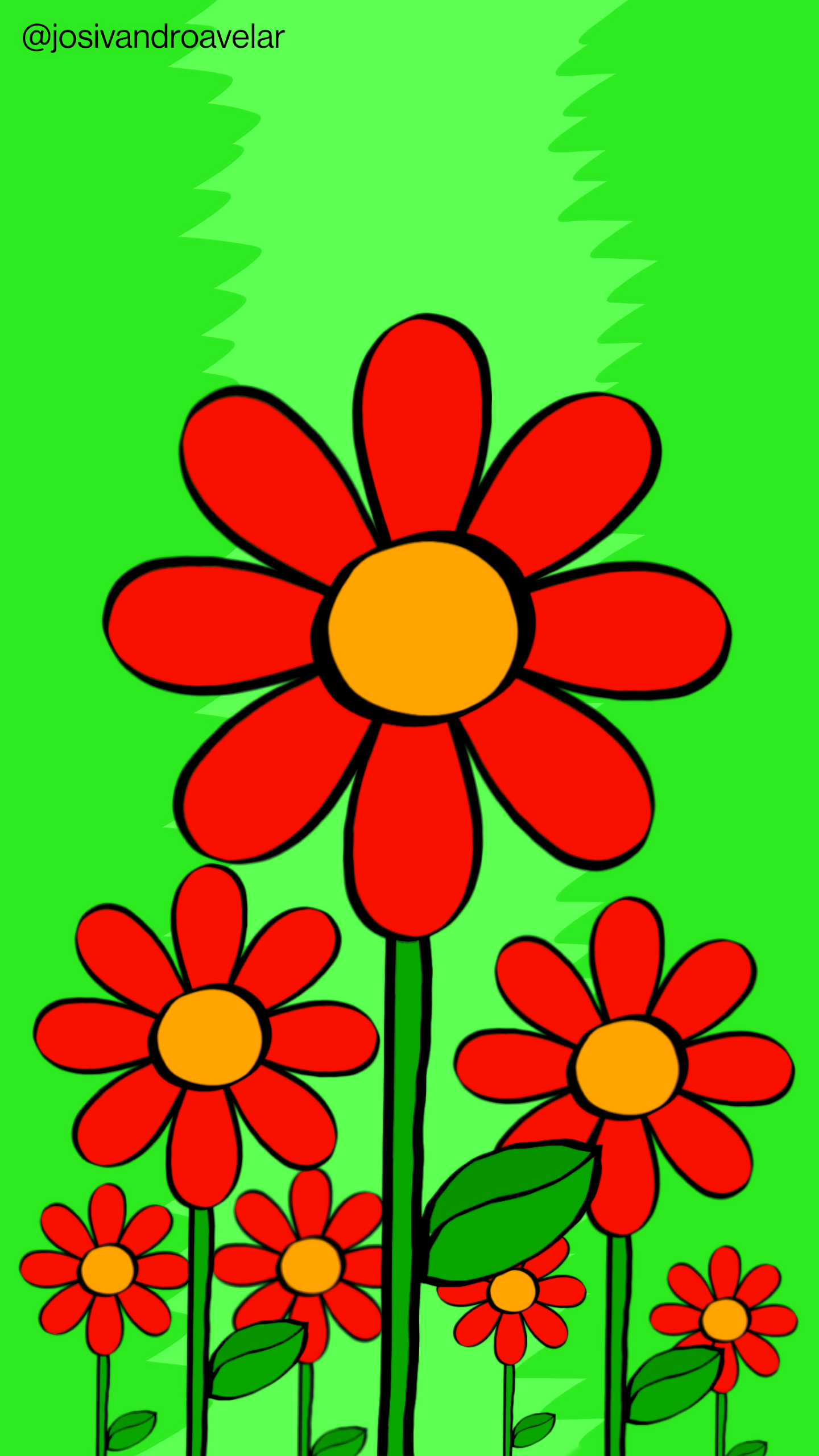 Campo de flores vermelhas, com pétalas vermelhas, sobre um fundo em tons de verde marcante.
