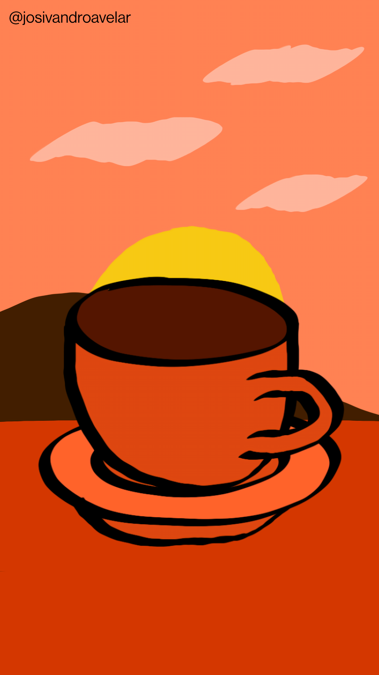 Artes digitais: café rústico 1 Café rústico servido em uma xícara em tons de terra em uma mesa em tons de madeira, ao nascer do Sol atrás das montanhas sob um céu alaranjado.