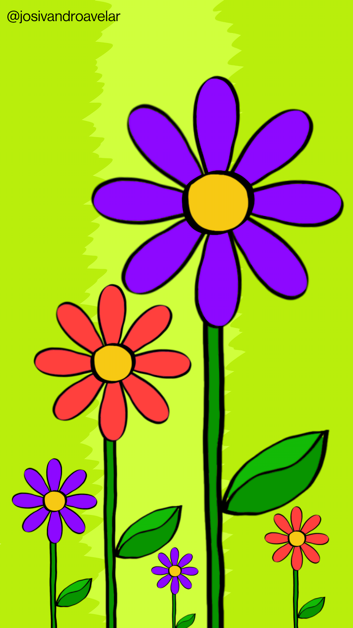 Artes digitais: campo de flores com poucas pétalas 1 Campo de flores com poucas pétalas. São duas flores com pétalas roxas que estão nos lados esquerdo e direito, e uma flor com pétalas vermelhas entre elas, sobre um fundo em tons de verde.