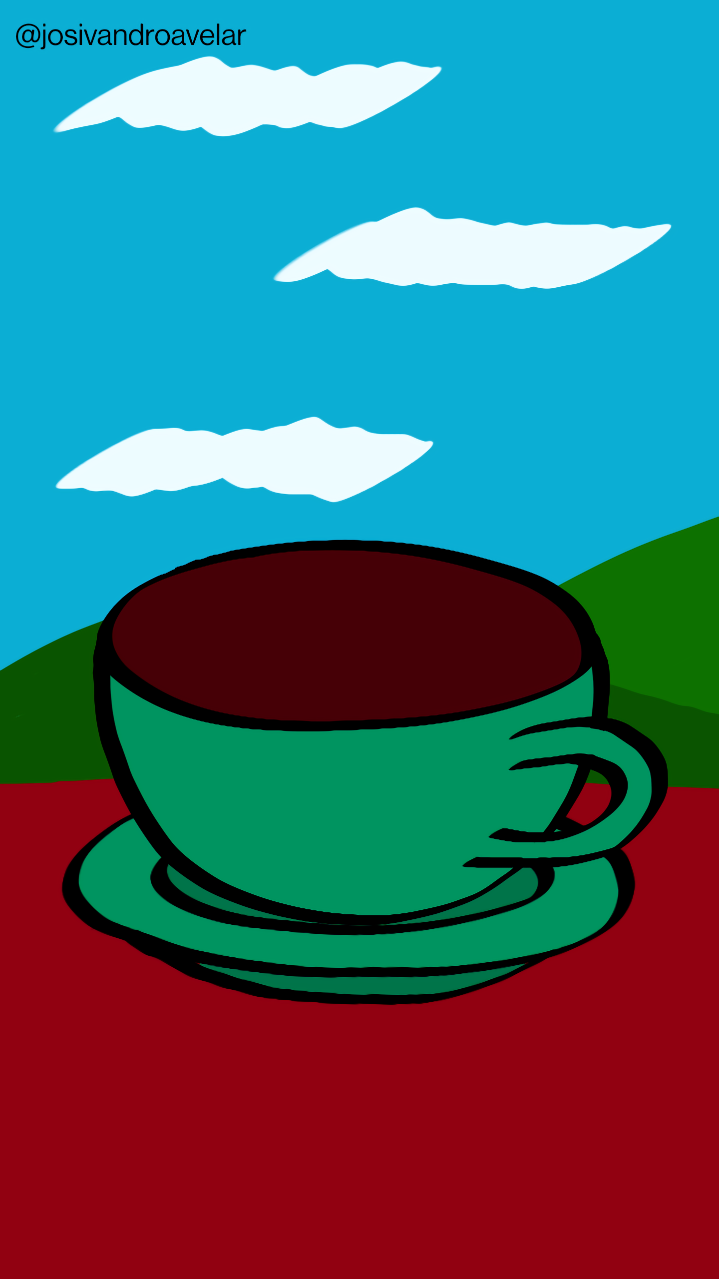 Artes digitais: café para uma semana intensa 1 Café para uma semana intensa, servida em uma xícara em tons de verde, sobre uma mesa em tons de madeira, com uma paisagem de montanhas e céu com nuvens ao fundo.