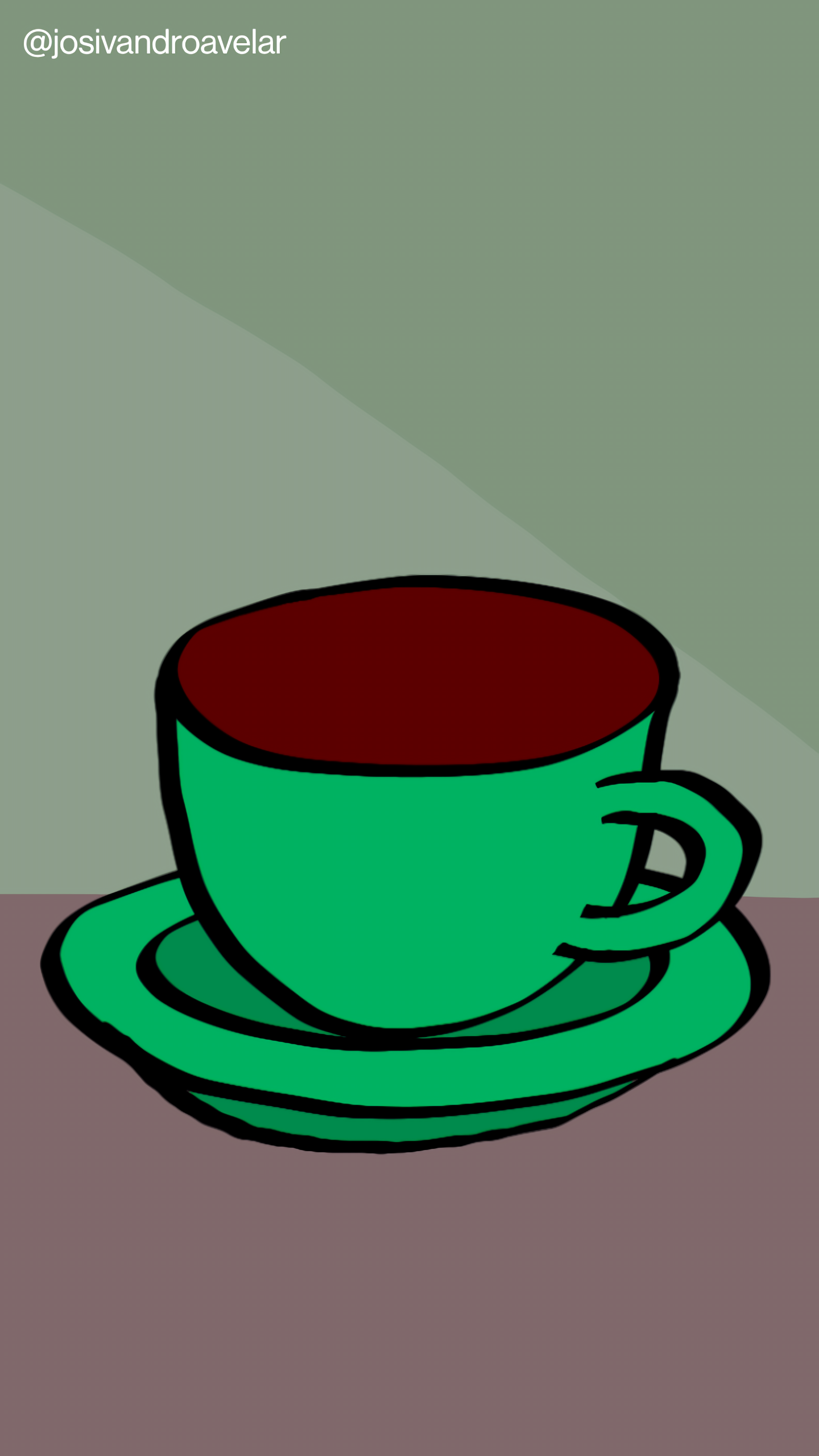 Artes digitais: é hora de tomar café! 1 É hora de tomar café! E eu servi o café de hoje em uma xícara em tons de verde, sobre uma mesa em tom de madeira esverdeada, em frente a uma parede em tons de verde.