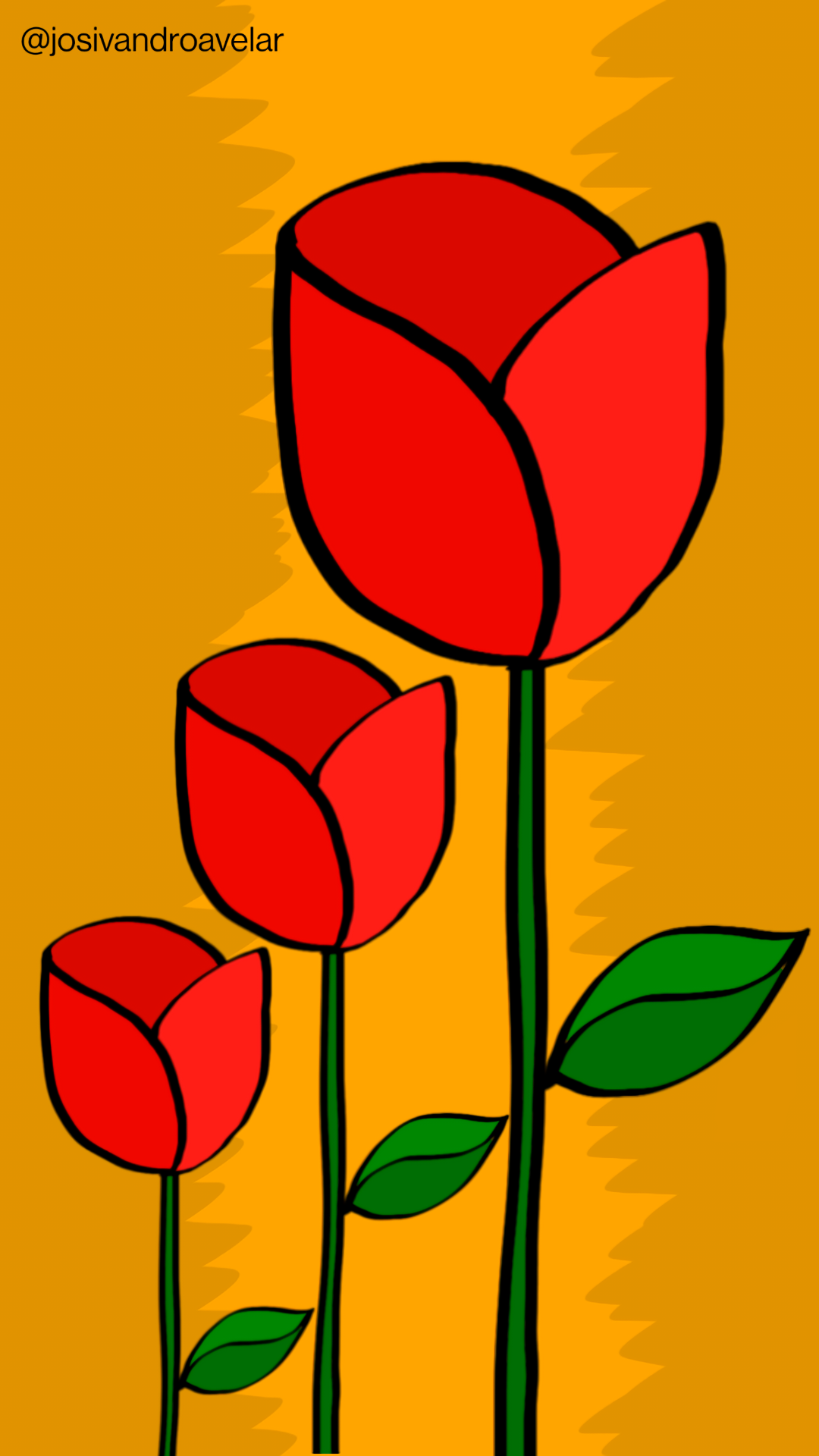 Rosas do amanhecer com pétalas vermelhas, sobre um fundo em tons de laranja que remetem ao nascer do Sol.