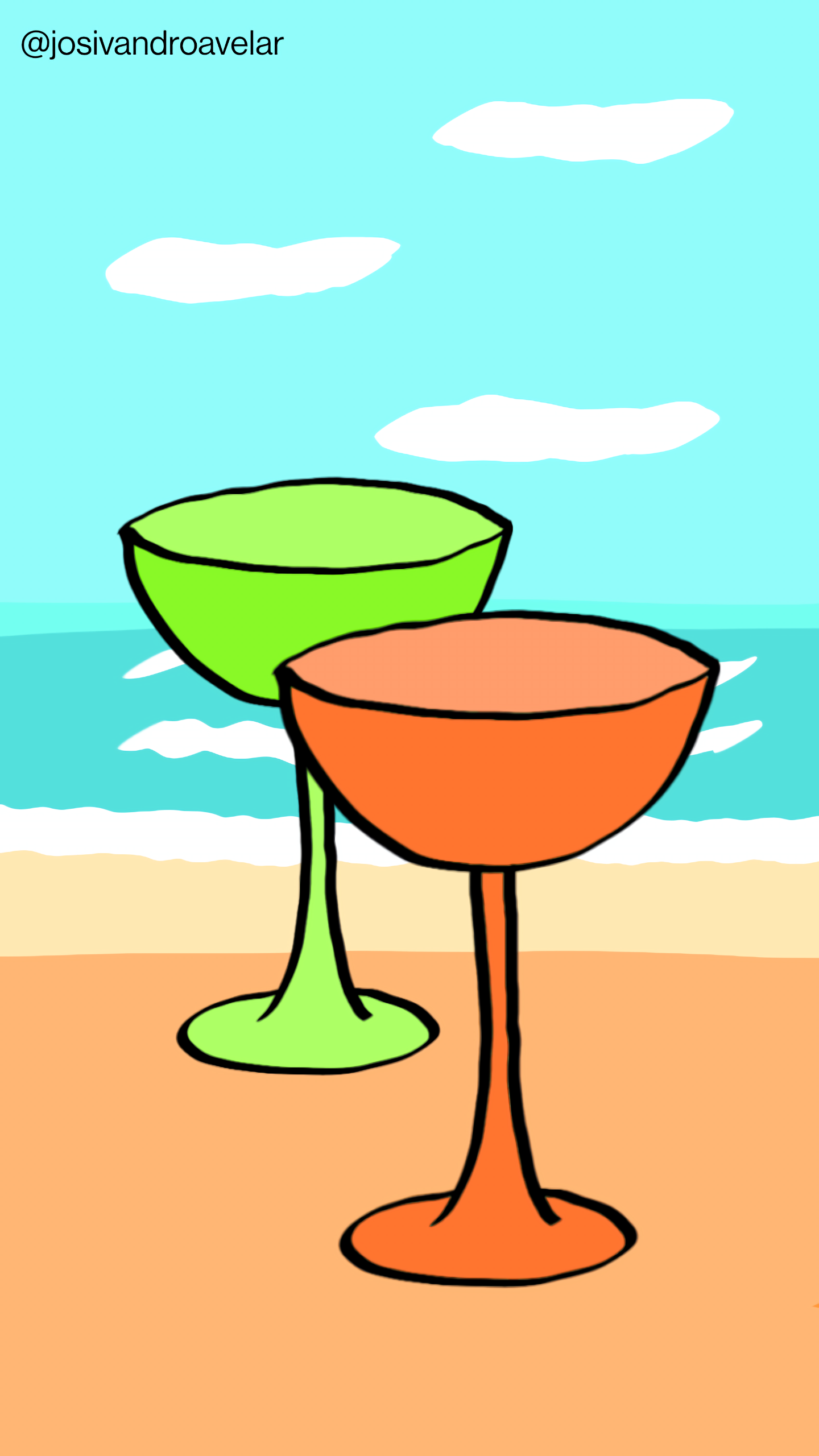 Artes digitais: chegaram os refrescos 1 Chegaram os refrescos de laranja e limão, em uma mesa em tom de madeira clara, sob um cenário de praia com areia e mar com ondas e céu azul.