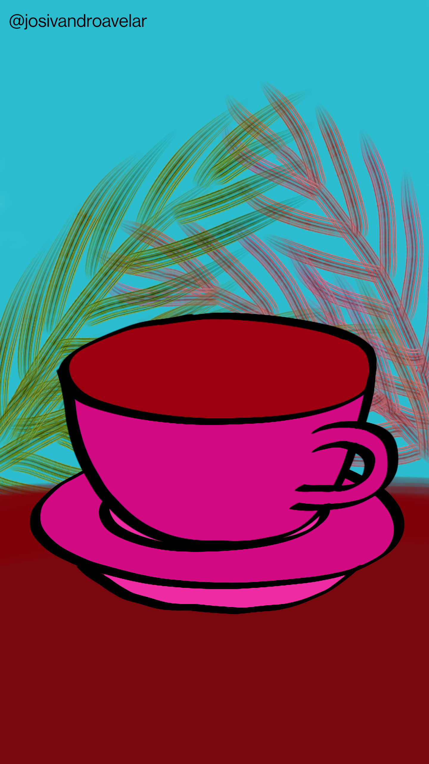 Artes digitais: café de Carnaval 1 Café de Carnaval servido em uma xícara em tons de lilás, em cima de uma mesa em tons de madeira, atrás de um cenário com penas verdes e vermelhas e fundo azul.