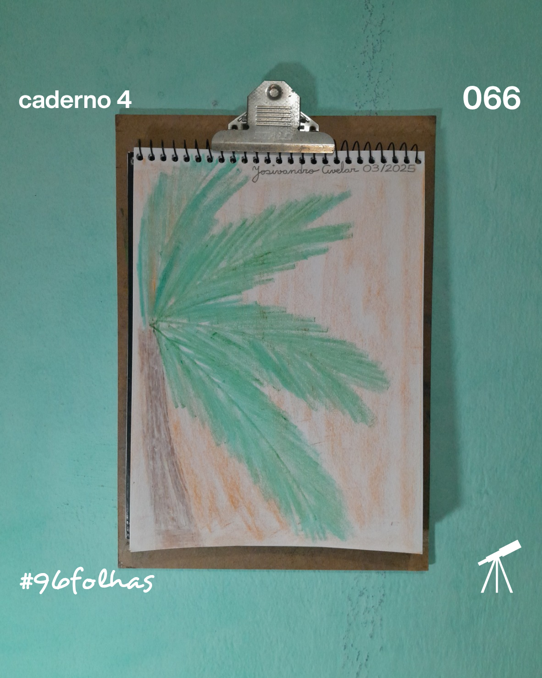 #96folhas caderno 4 - 066: Cenário solar 1 Cenário solar com uma palmeira e um fundo laranja, desenhado com giz de cera.