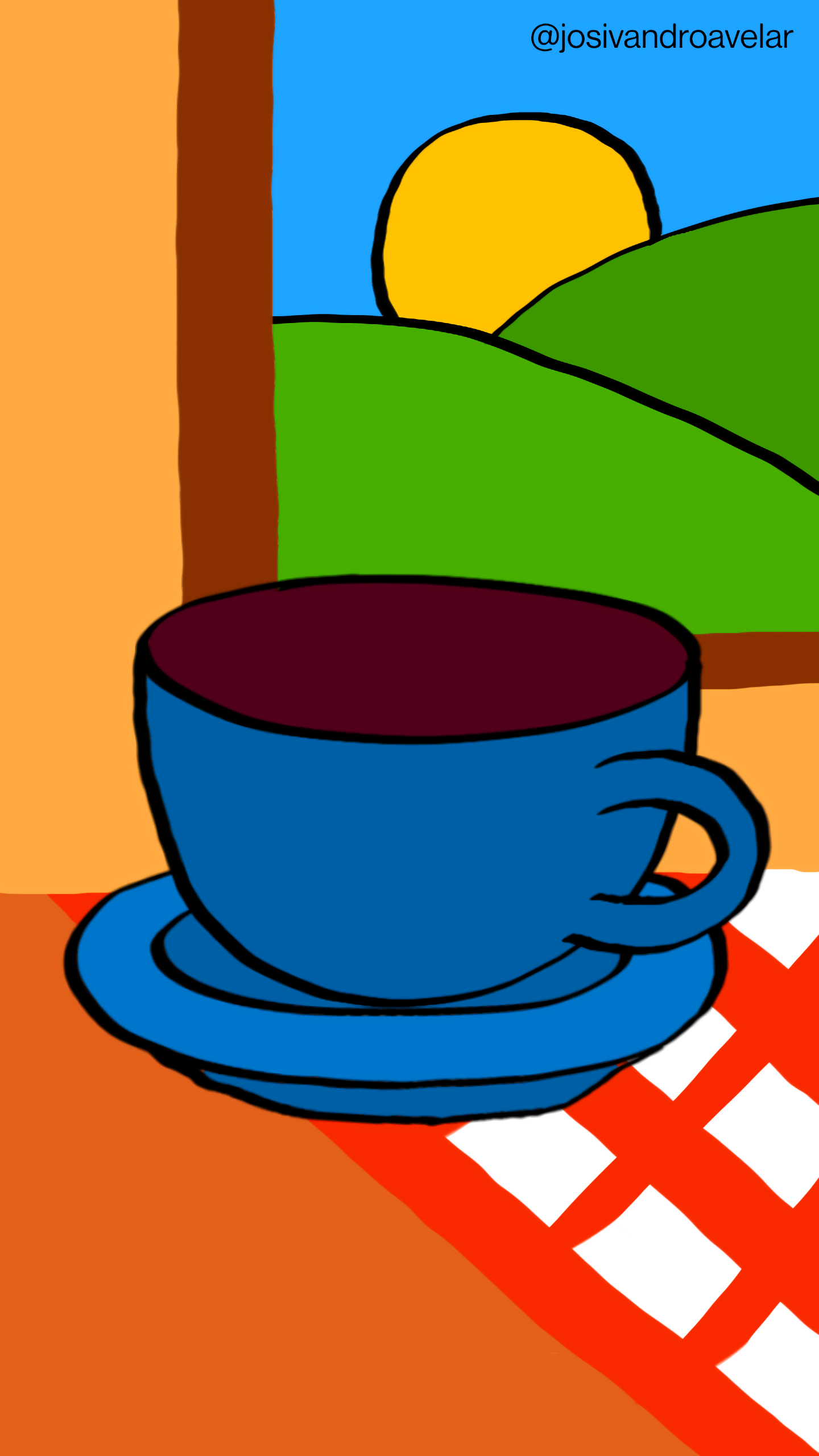 Artes digitais: café colorido 1 Café colorido servido em uma xícara em tons de azul, sobre uma mesa em tons de madeira com uma toalha quadriculada em vermelho e branco, sobre uma parede em tom de bege, com uma janela mostrando um céu azul com o Sol atrás das montanhas.