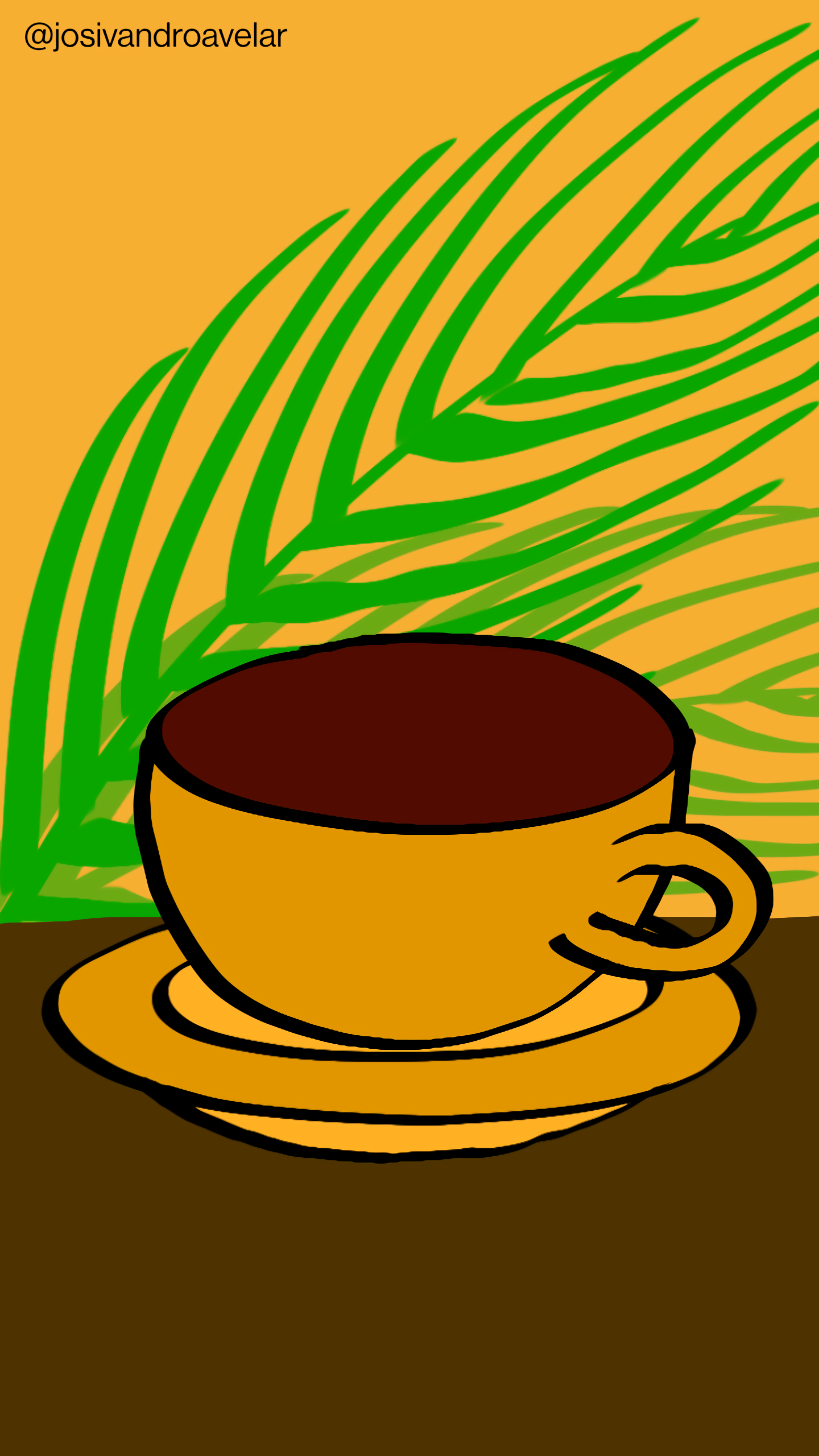 Café é o que liga, servido em uma xícara em tons de amarelo ocre, em uma mesa em tons de madeira escura, ao fundo de um cenário com uma palmeira ao fundo de um fundo em tom amarelo alaranjado.
