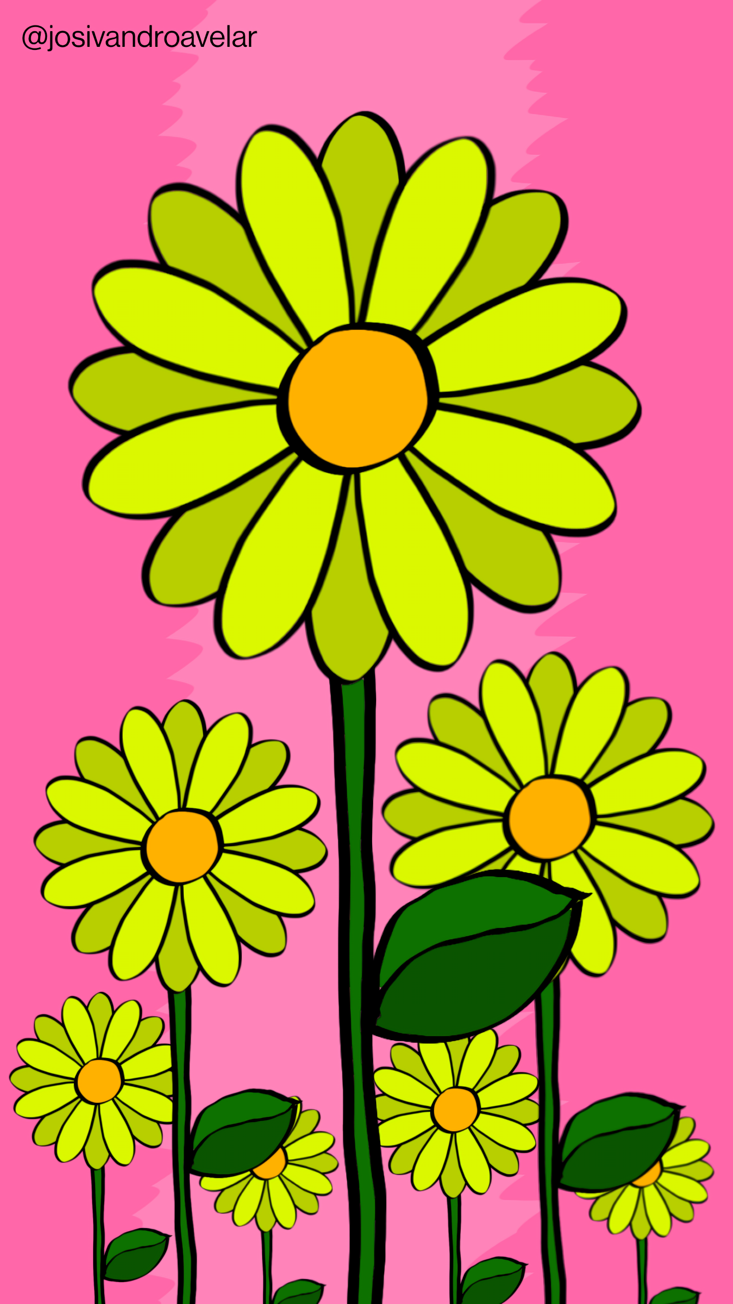 Artes digitais: flores amarelas por todos os cantos 1 Flores amarelas por todos os cantos, com pétalas em dois tons de amarelo, sobre fundo em tons de cor de rosa.