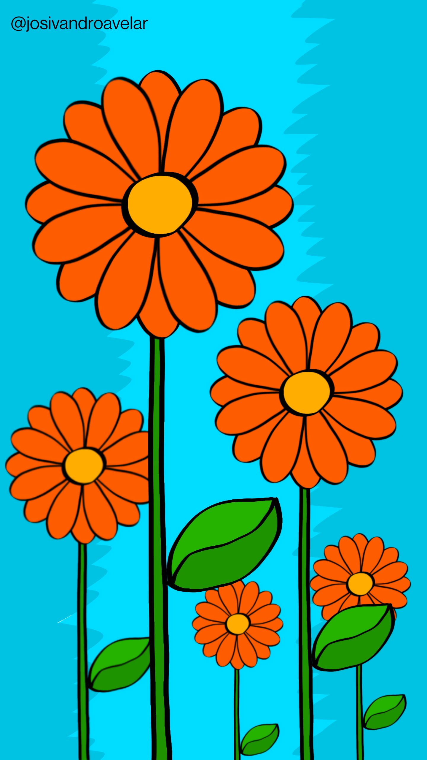 Artes digitais: colorido cítrico 1 Flores com pétalas em tons de laranja, representando o colorido cítrico, sobre um fundo em tons de azul.