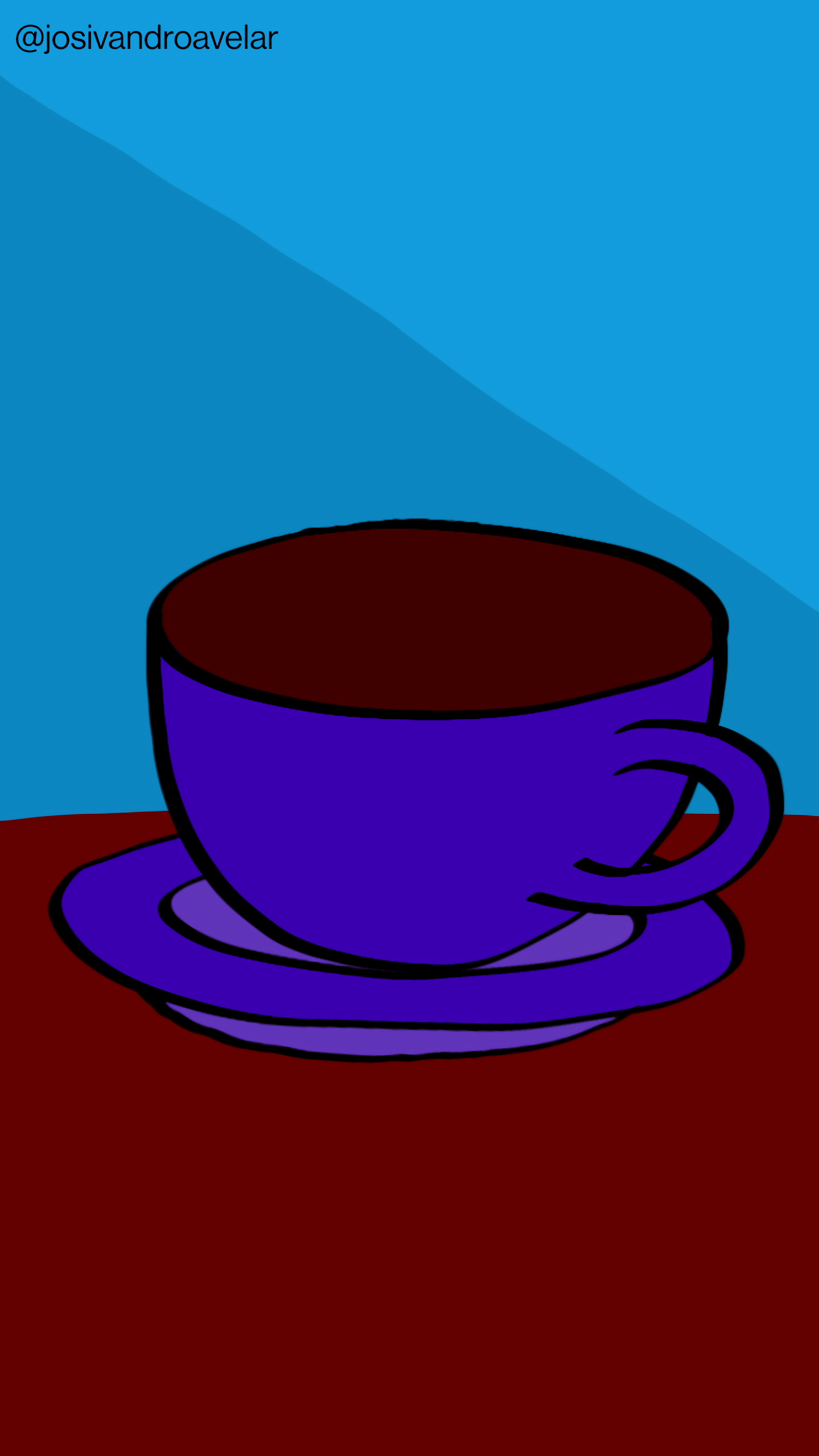 Artes digitais: tempo de café 1 É tempo de café, servido em uma xícara de cor azul, sobre uma mesa em tom de marrom escuro, em um fundo em tons de azul.