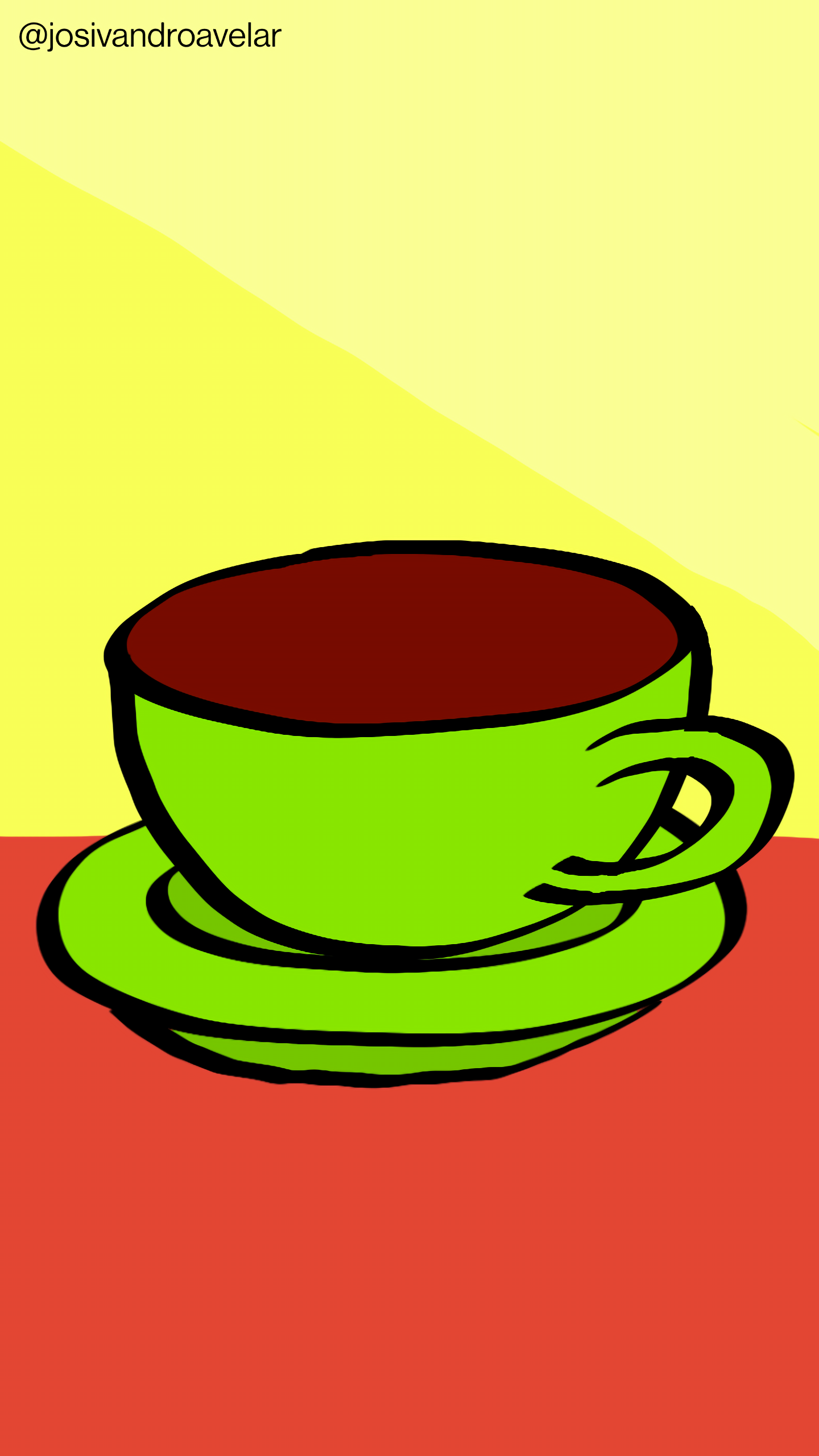Artes digitais: café de verdade 1 Café de verdade servido em uma xícara em tons de verde, sobre uma mesa em tom de madeira clara, em um fundo em tons de amarelo.