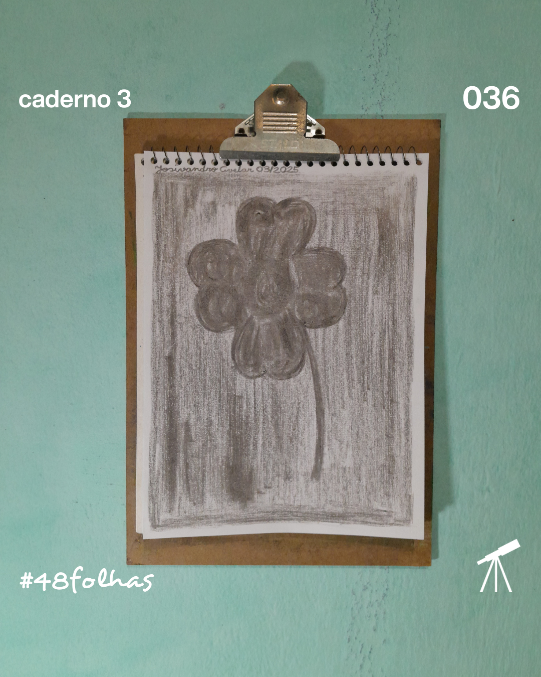 #48folhas caderno 3 - 036: Trevo em preto e branco 1 Trevo em preto e branco, desenhado com giz de cera de cor preta.